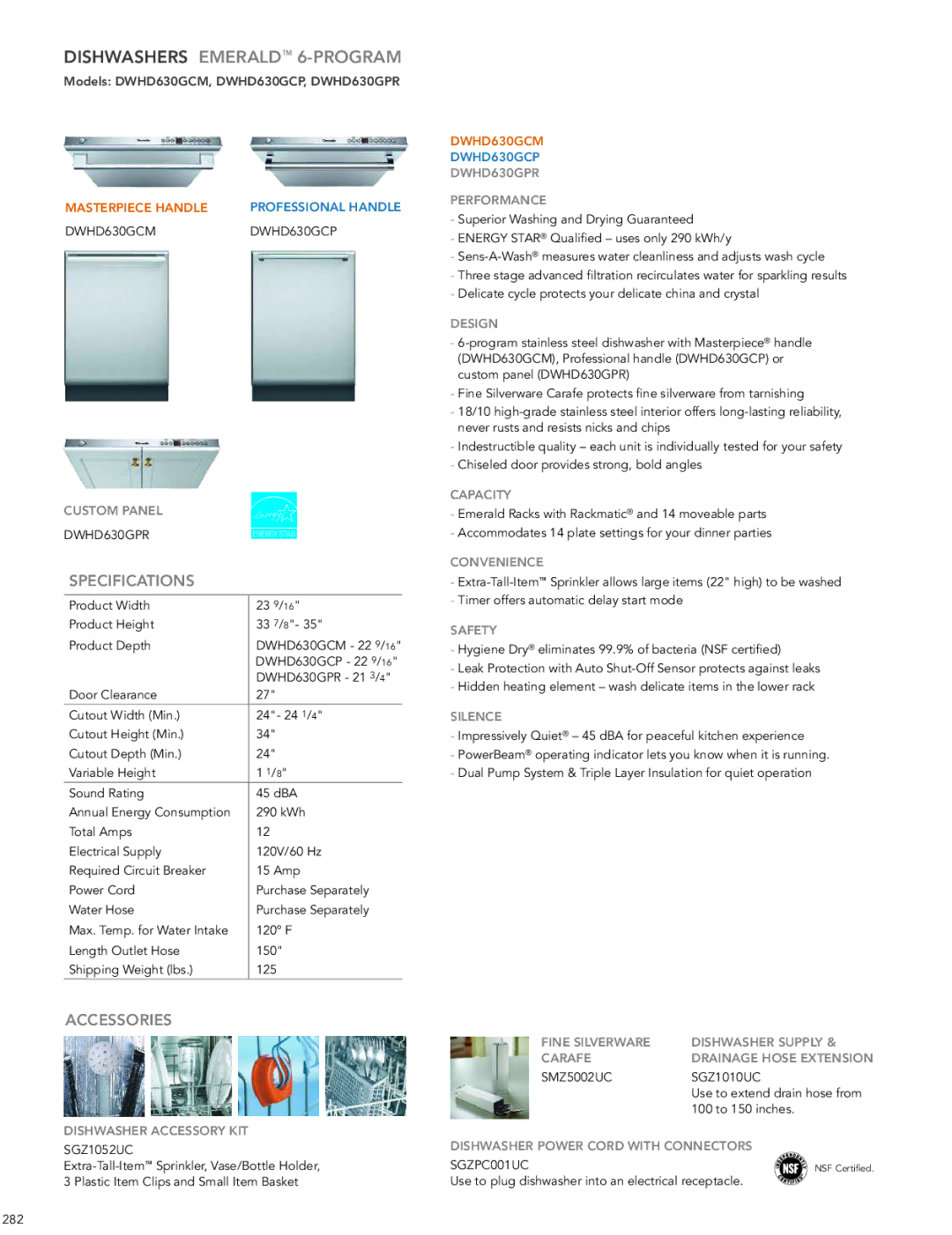 Thermador DWHD651GFP manual Dishwashers Emerald 6-PROGRAM, DWHD630GPR Performance 