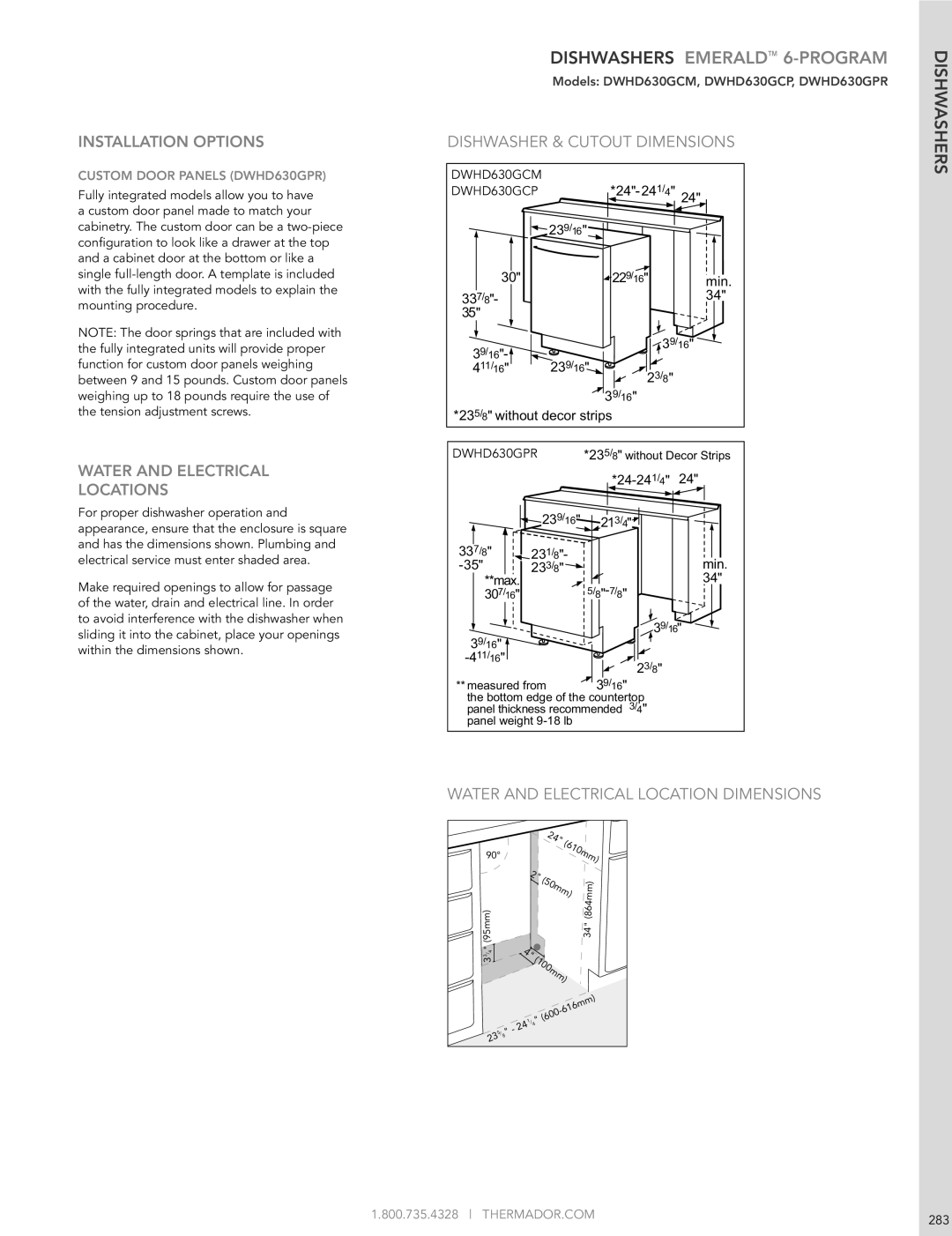 Thermador DWHD651GFP manual Custom Door Panels DWHD630GPR, 30 7 