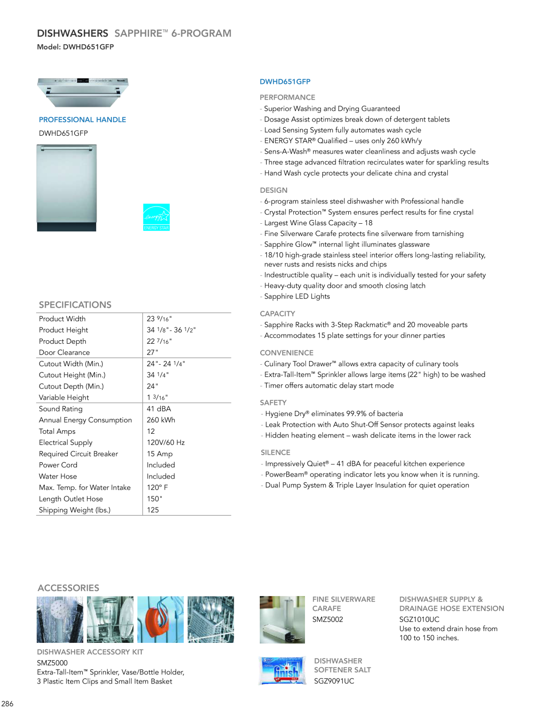 Thermador manual Model DWHD651GFP, DISHWASHERS SAPPHIRE 6-PROGRAM, Specifications, Accessories, Professional Handle 