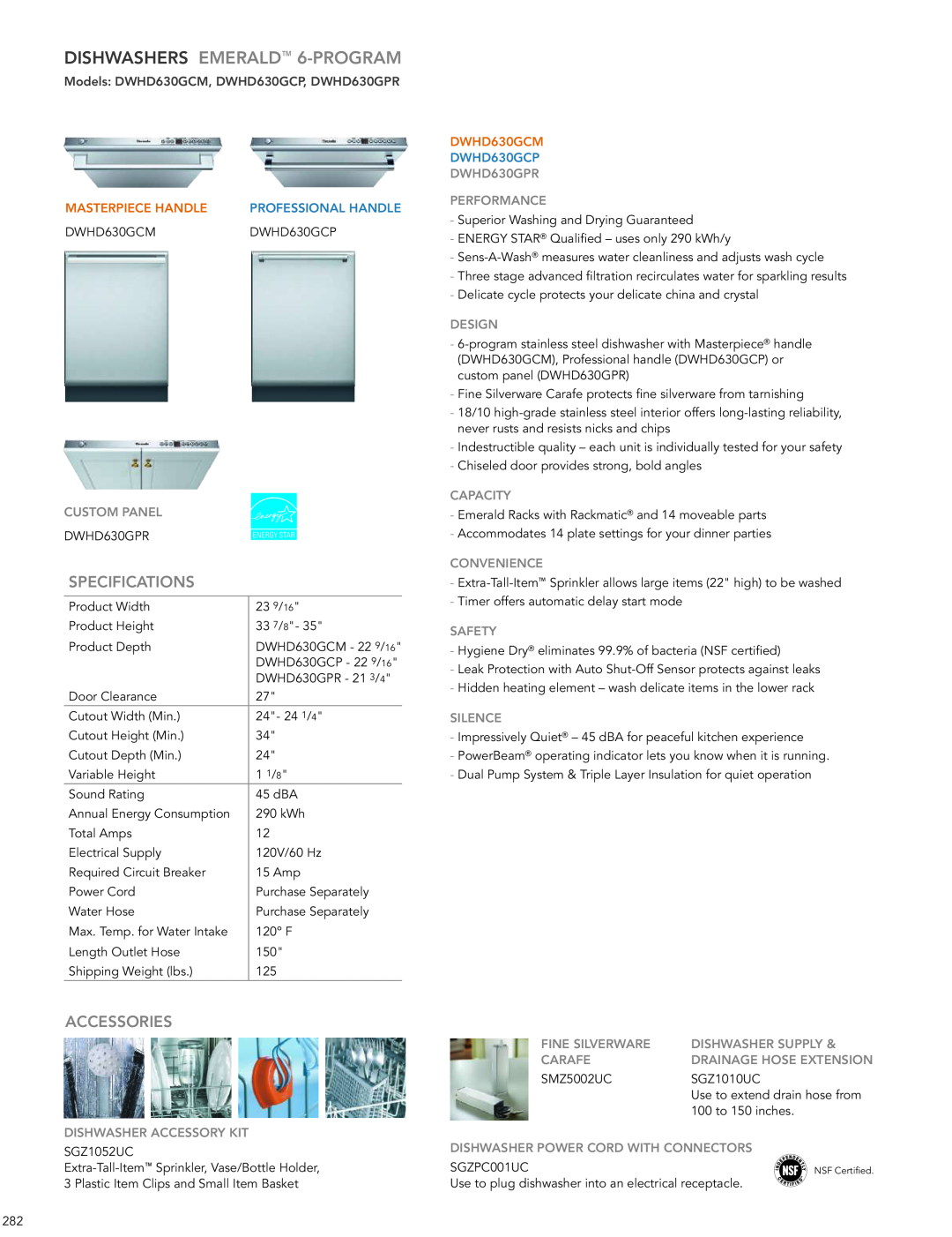 Thermador DWHD651GFP manual DISHWASHERS EMERALD 6-PROGRAM, Models DWHD630GCM, DWHD630GCP, DWHD630GPR, Professional Handle 