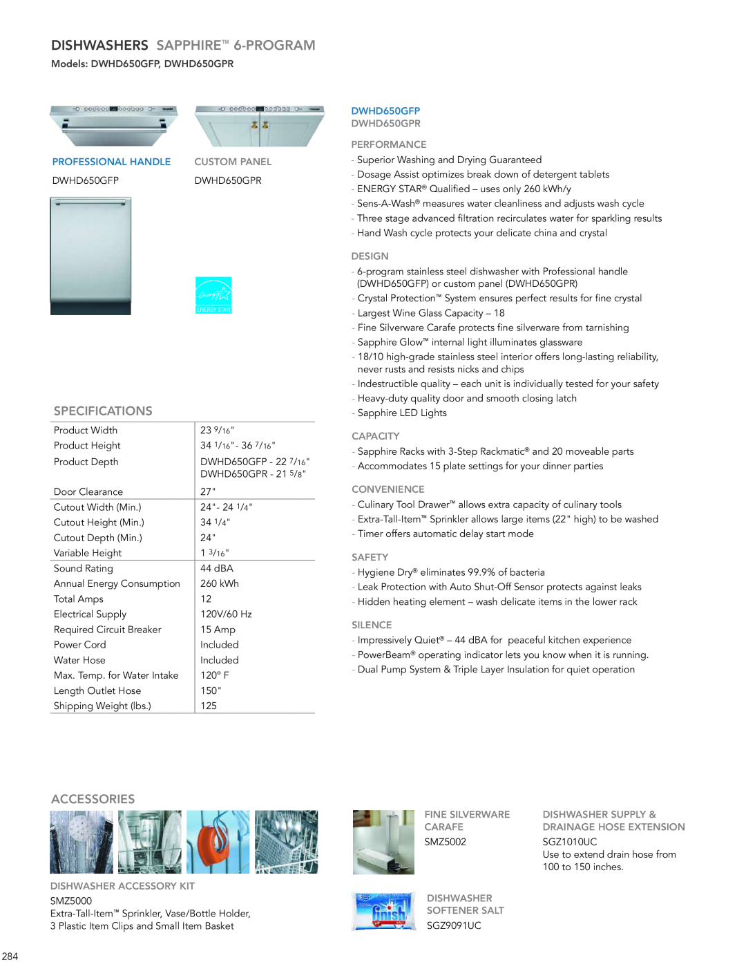 Thermador DWHD651GFP manual DISHWASHERS SAPPHIRE 6-PROGRAM, Models DWHD650GFP, DWHD650GPR, Specifications, Accessories 