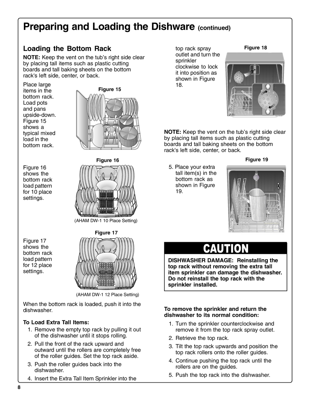 Thermador DWHD94BF manual Loading the Bottom Rack, To Load Extra Tall Items 