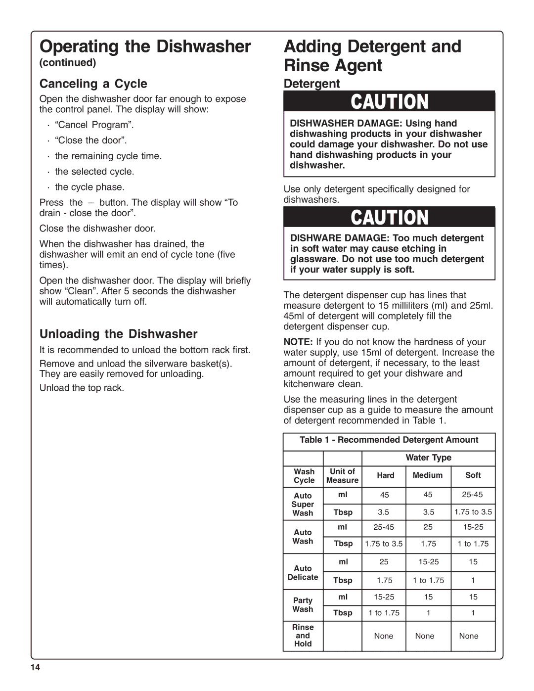 Thermador DWHD94BF manual Adding Detergent and Rinse Agent, Canceling a Cycle, Unloading the Dishwasher 