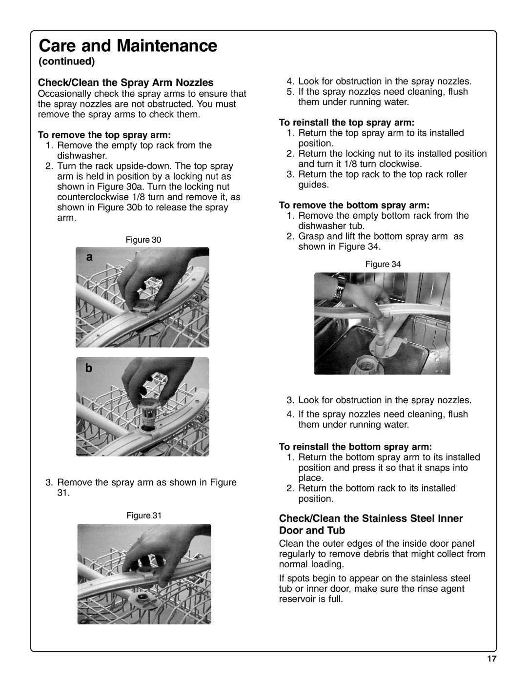 Thermador DWHD94BF manual Check/Clean the Spray Arm Nozzles, Check/Clean the Stainless Steel Inner Door and Tub 