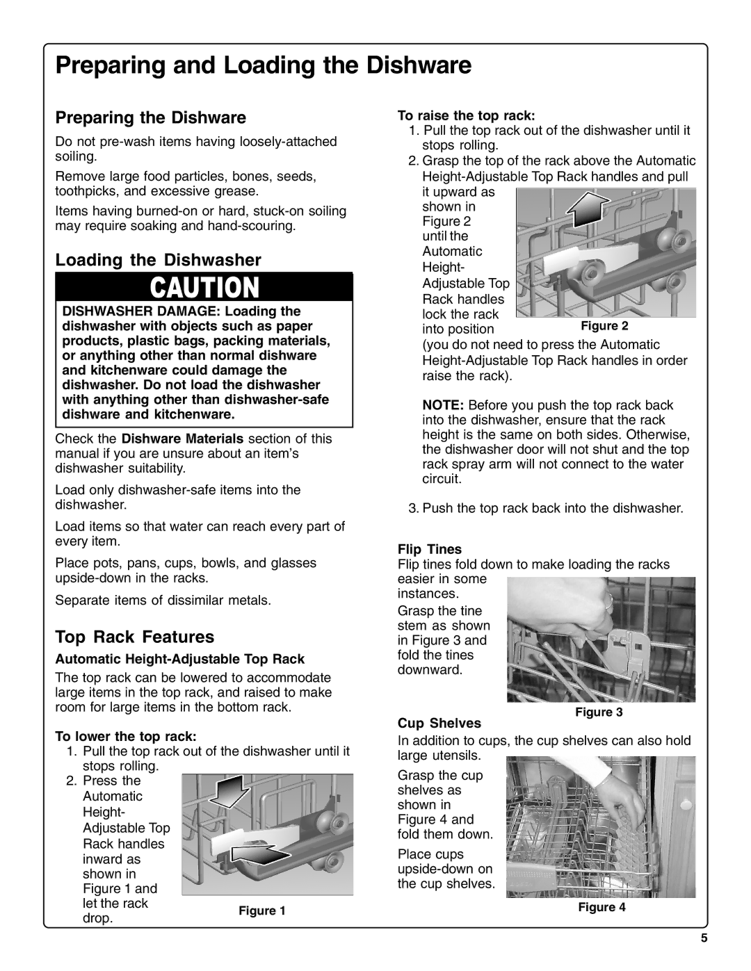 Thermador DWHD94BF Preparing and Loading the Dishware, Preparing the Dishware, Loading the Dishwasher, Top Rack Features 