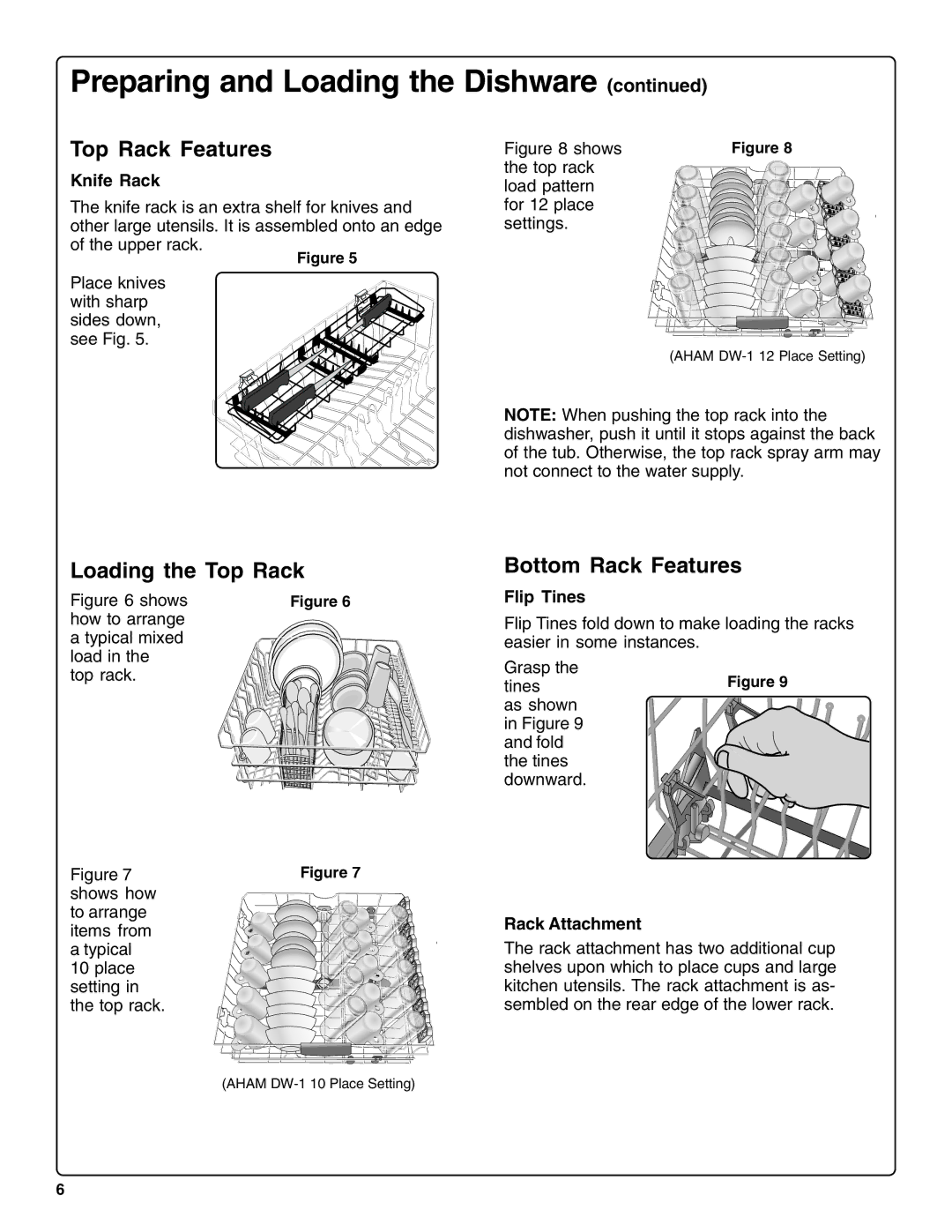 Thermador DWHD94BF manual Loading the Top Rack, Bottom Rack Features, Knife Rack, Rack Attachment 