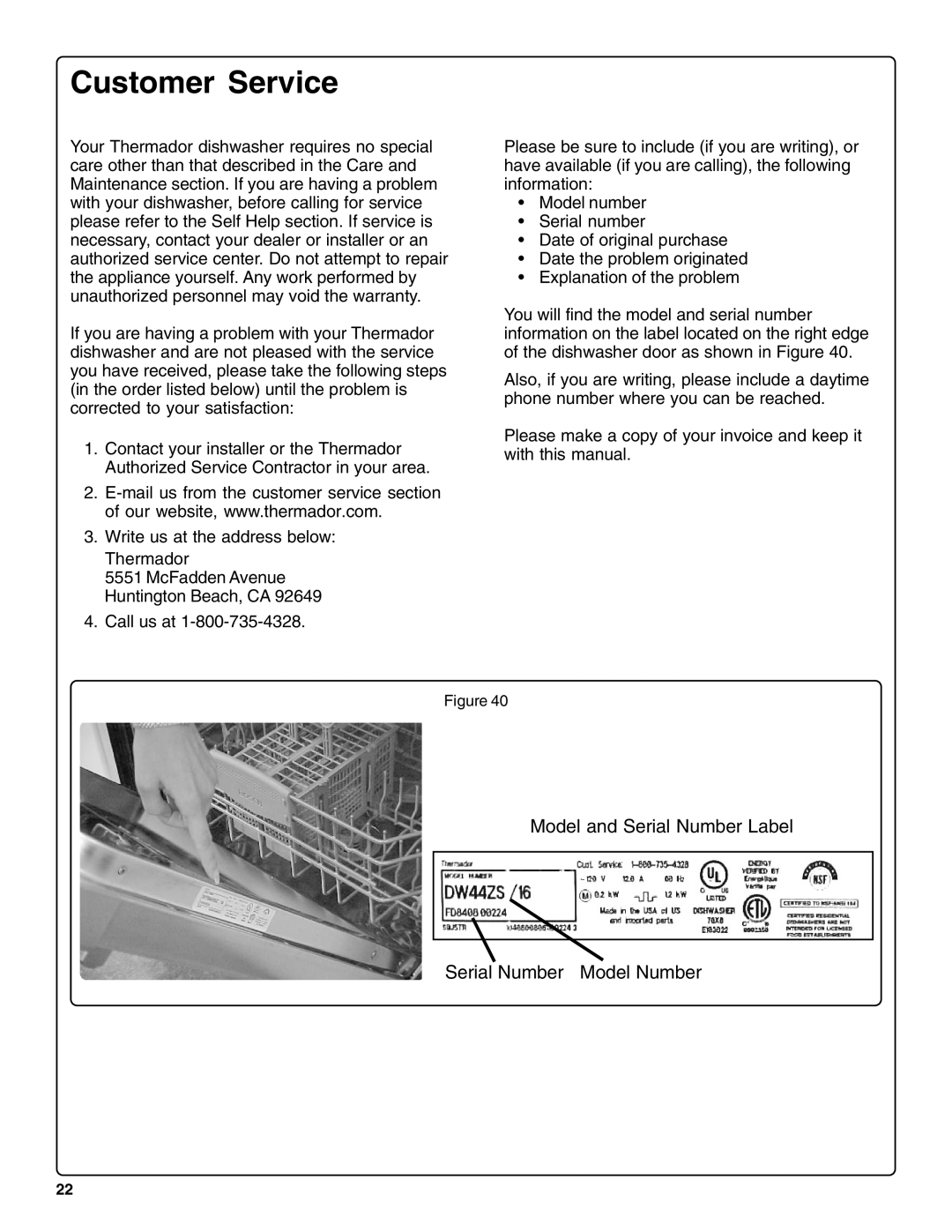 Thermador DWHD94BF manual Customer Service, Model and Serial Number Label Serial Number Model Number 