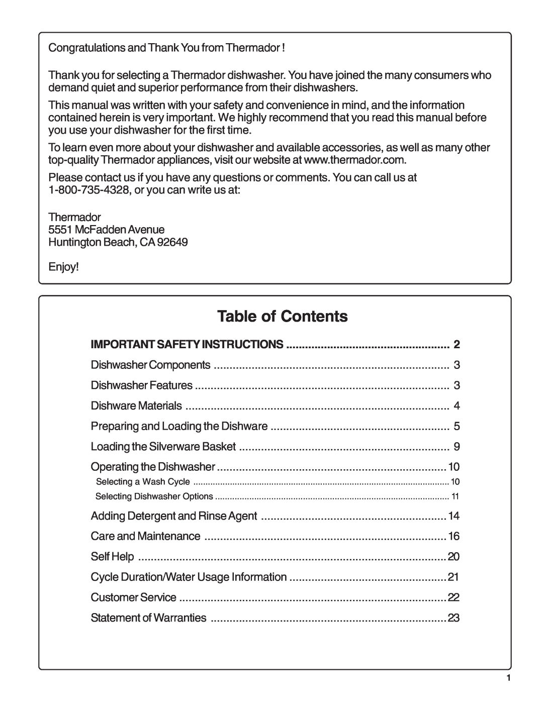 Thermador DWHD94BF manual Table of Contents 