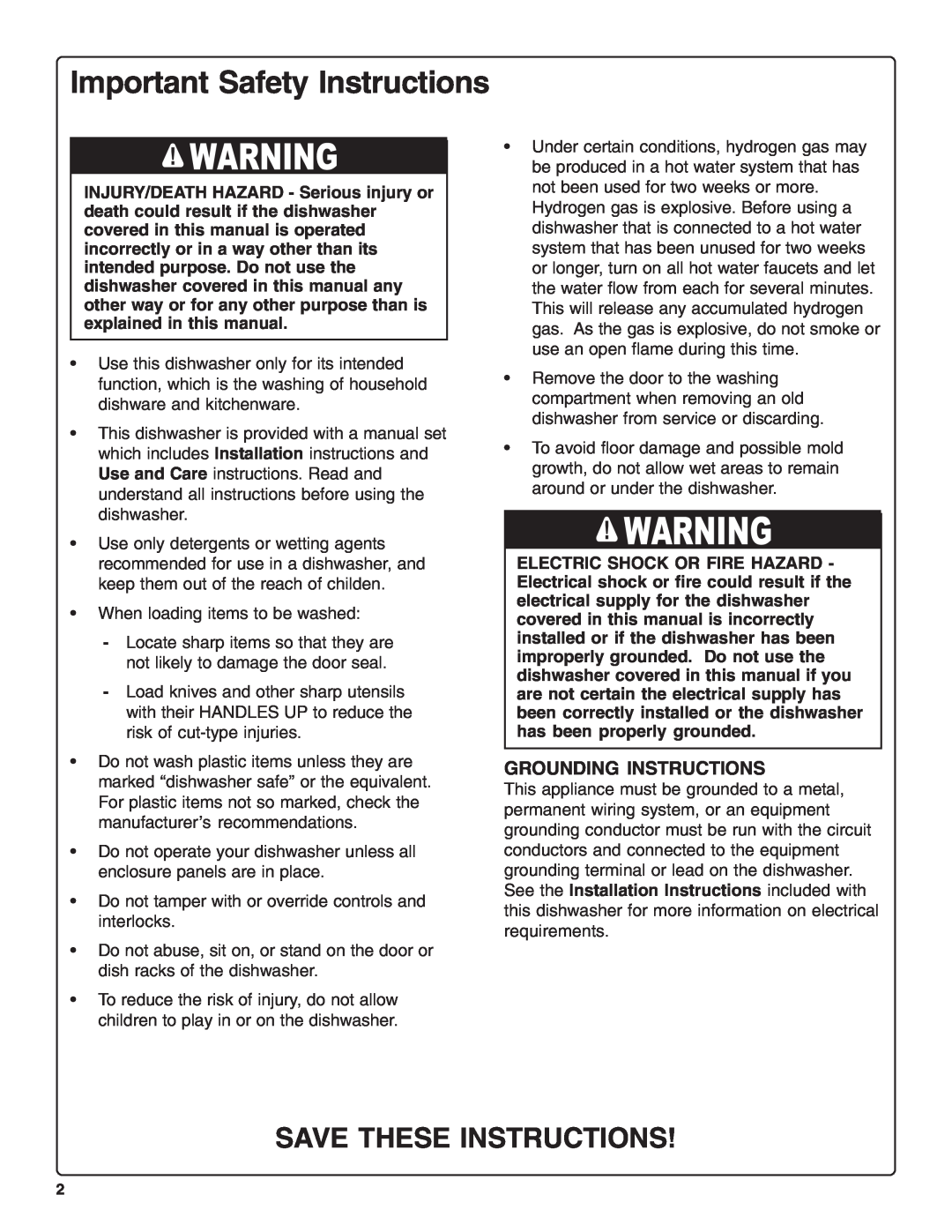 Thermador DWHD94BF manual Important Safety Instructions, Save These Instructions, Grounding Instructions 