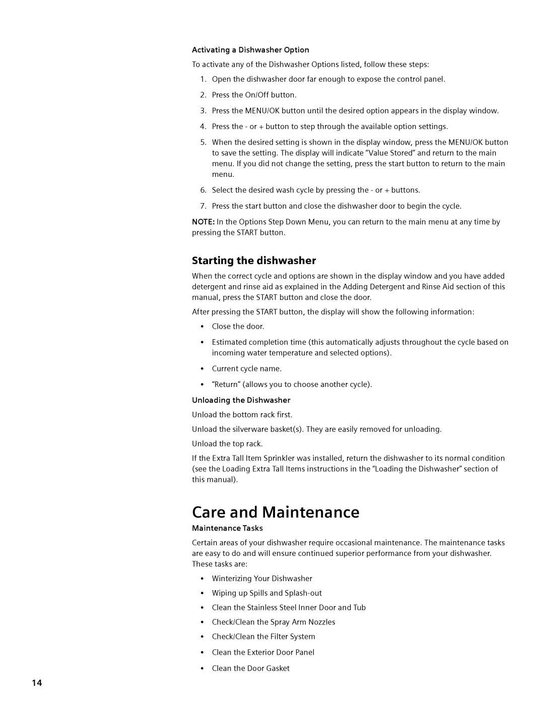 Thermador DWHD94EP, DWHD94BS, DWHD94BP manual Care and Maintenance, Starting the dishwasher, Activating a Dishwasher Option 