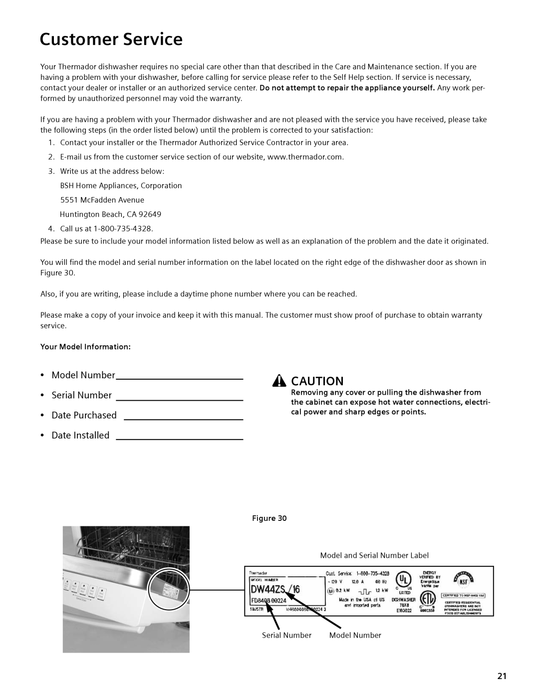 Thermador DWHD94EP, DWHD94BS, DWHD94BP manual Customer Service, Your Model Information 