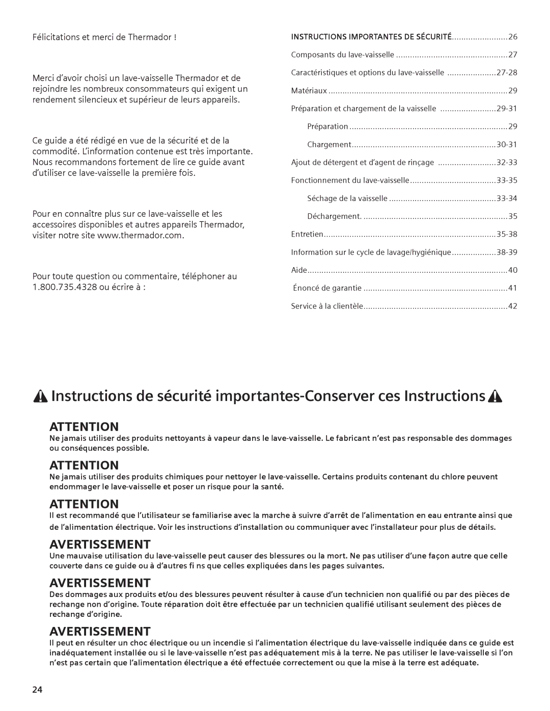 Thermador DWHD94EP, DWHD94BS, DWHD94BP manual Avertissement 