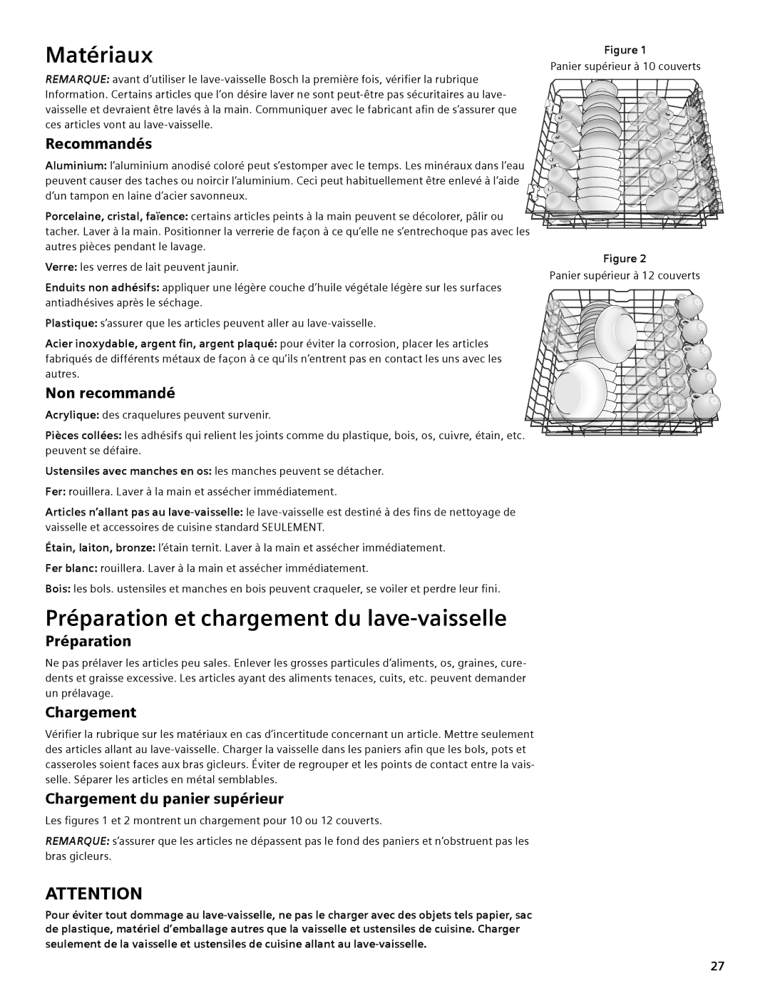 Thermador DWHD94EP, DWHD94BS, DWHD94BP manual Matériaux, Préparation et chargement du lave-vaisselle 