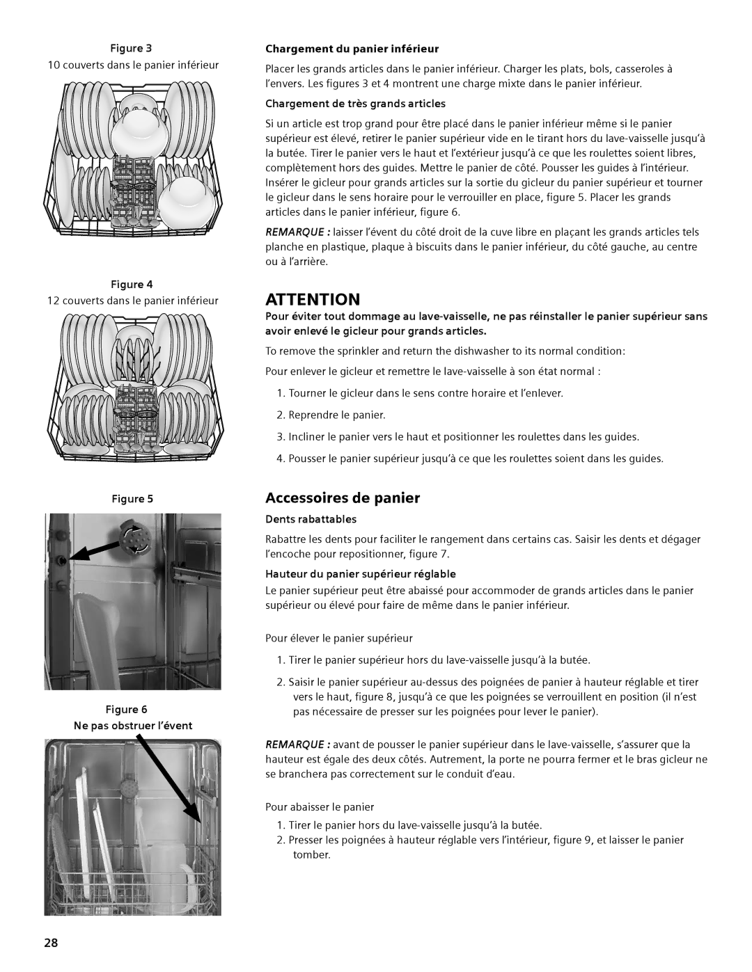 Thermador DWHD94EP, DWHD94BS, DWHD94BP manual Accessoires de panier, Ne pas obstruer l’évent Chargement du panier inférieur 