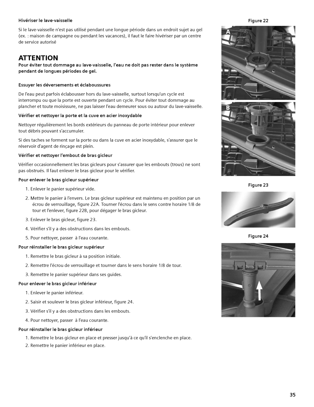 Thermador DWHD94EP, DWHD94BS, DWHD94BP manual Hivériser le lave-vaisselle, Vérifier et nettoyer l’embout de bras gicleur 