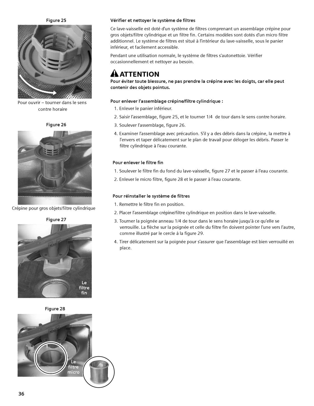 Thermador DWHD94EP, DWHD94BS, DWHD94BP manual Vérifier et nettoyer le système de filtres, Pour enlever le filtre fin 