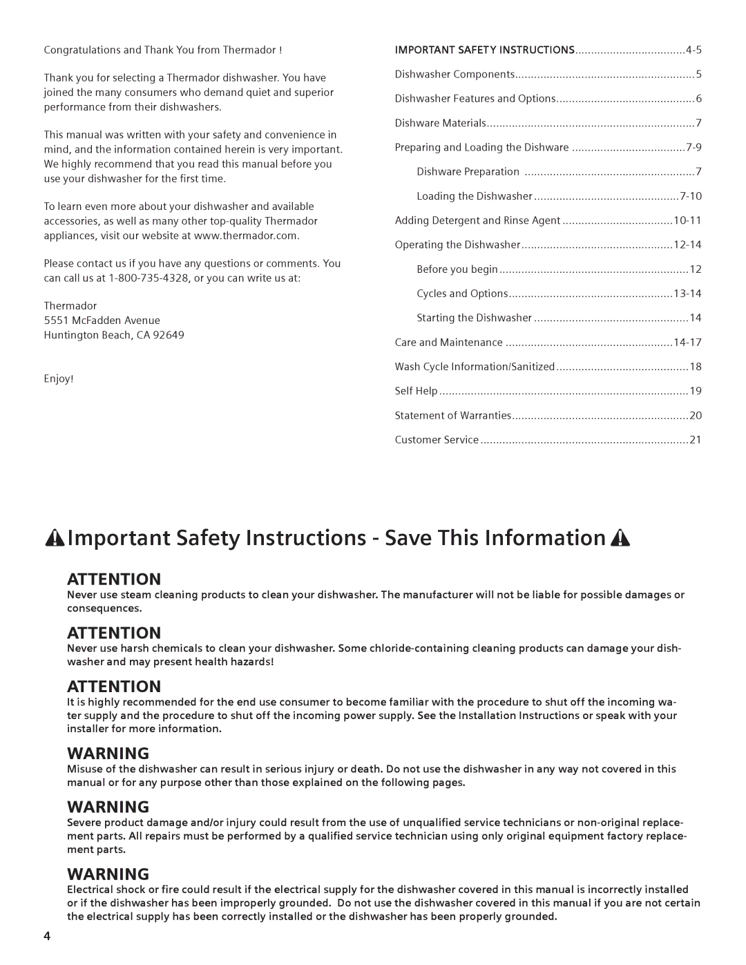 Thermador DWHD94EP, DWHD94BS, DWHD94BP manual Important Safety Instructions Save This Information 