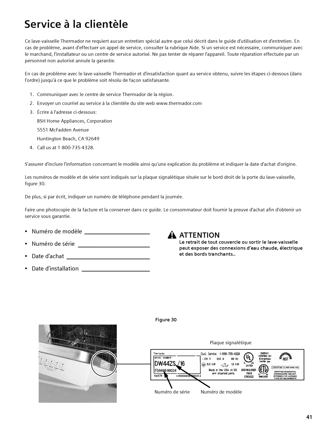 Thermador DWHD94EP, DWHD94BS, DWHD94BP manual Service à la clientèle 