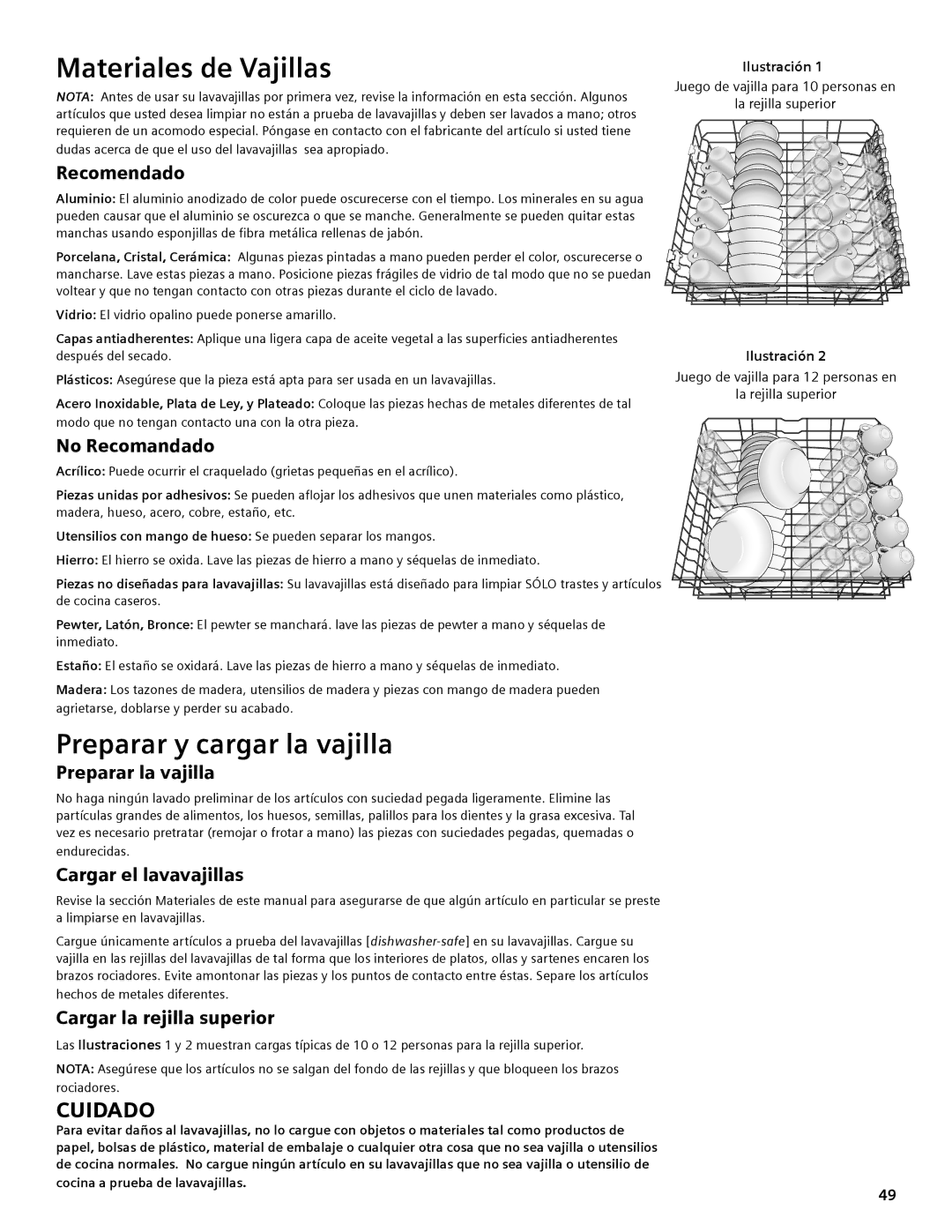 Thermador DWHD94EP, DWHD94BS, DWHD94BP manual Materiales de Vajillas, Preparar y cargar la vajilla 