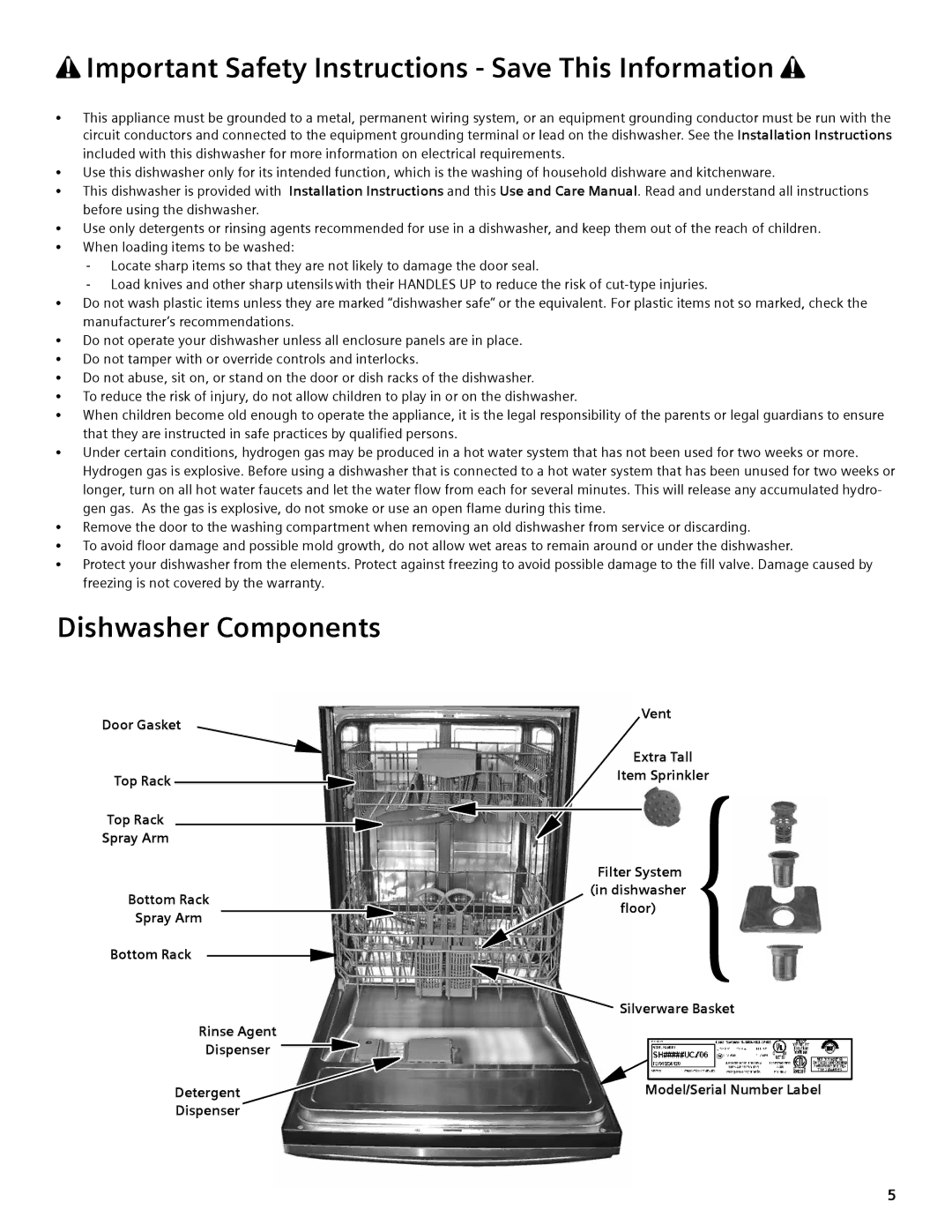 Thermador DWHD94EP, DWHD94BS, DWHD94BP manual Dishwasher Components 