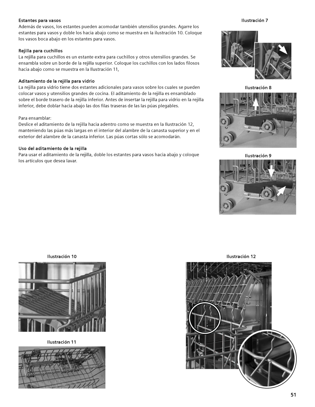 Thermador DWHD94EP, DWHD94BS, DWHD94BP Estantes para vasos, Rejilla para cuchillos, Aditamiento de la rejilla para vidrio 