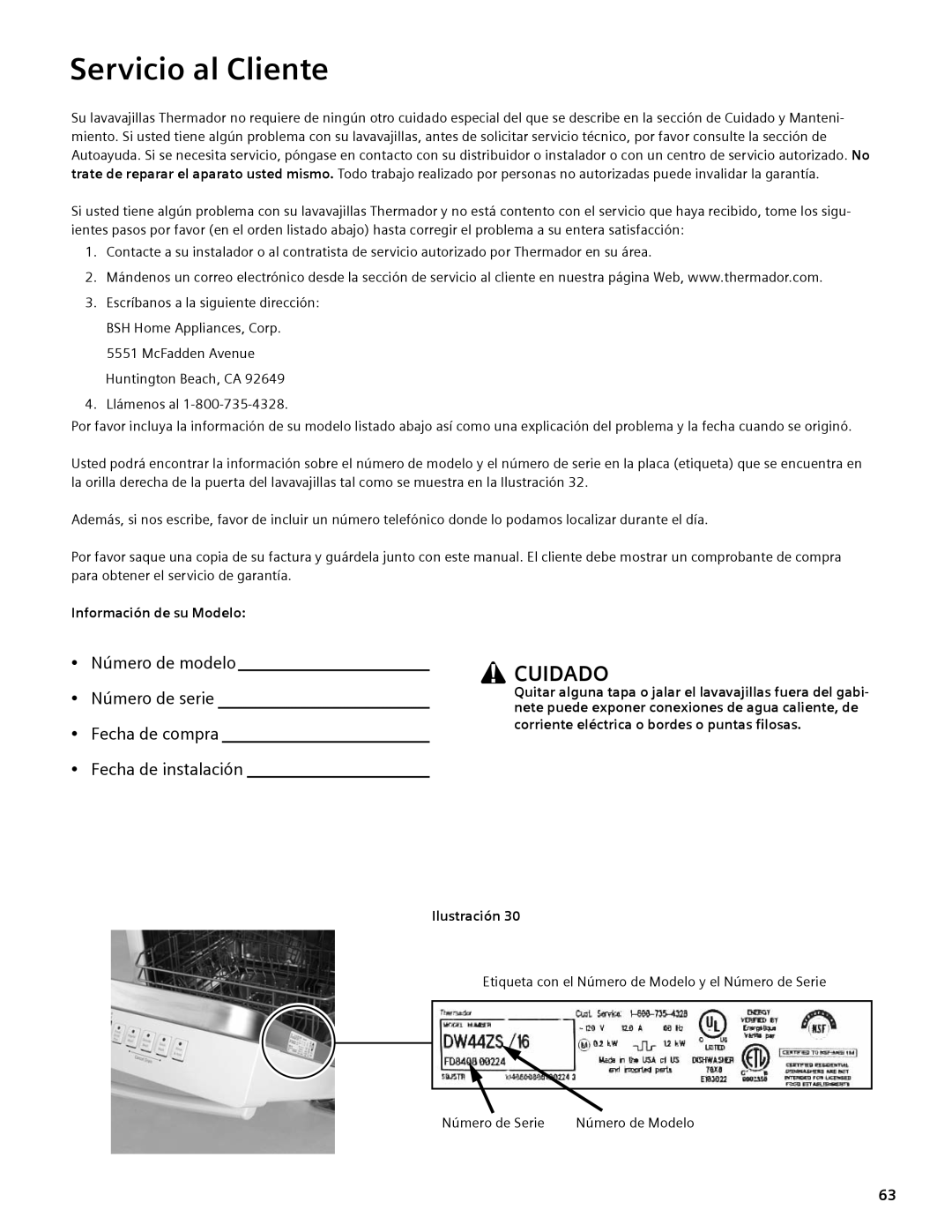 Thermador DWHD94EP, DWHD94BS, DWHD94BP manual Servicio al Cliente, Información de su Modelo 