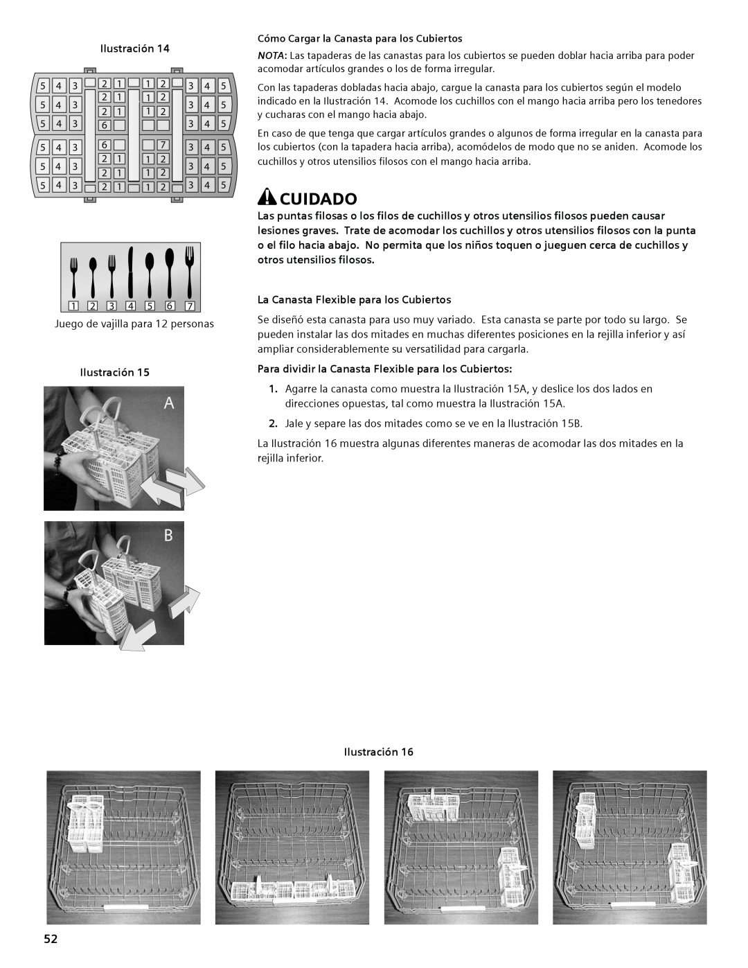 Thermador DWHD94EP, DWHD94BS, DWHD94BP manual Cuidado, Ilustración, La Canasta Flexible para los Cubiertos 