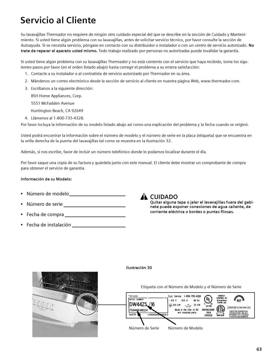 Thermador DWHD94EP, DWHD94BS, DWHD94BP manual Servicio al Cliente, Cuidado, Información de su Modelo, Ilustración 