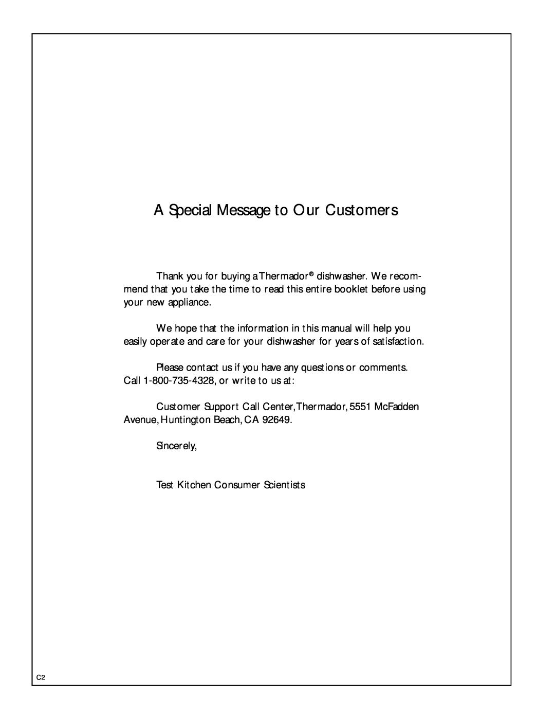 Thermador DW244UB, DWI246UW, DW246UW, DW245UW DW246UB, DW244UW DW245UB manual A Special Message to Our Customers 