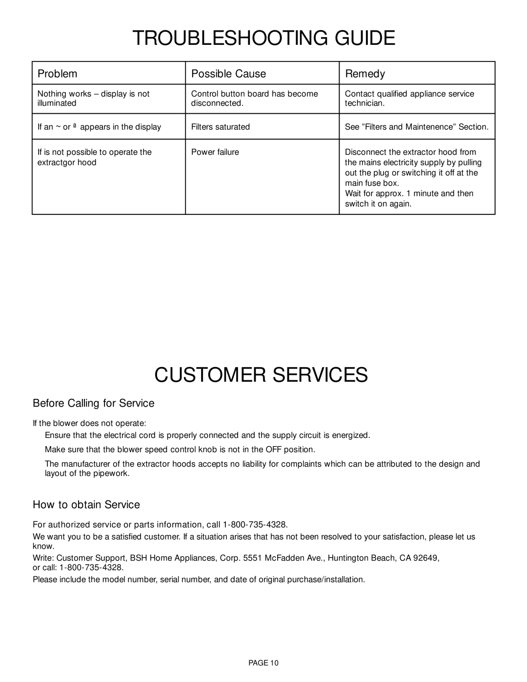 Thermador HDDW 36DS Troubleshooting Guide, Customer Services, Problem Possible Cause Remedy, Before Calling for Service 