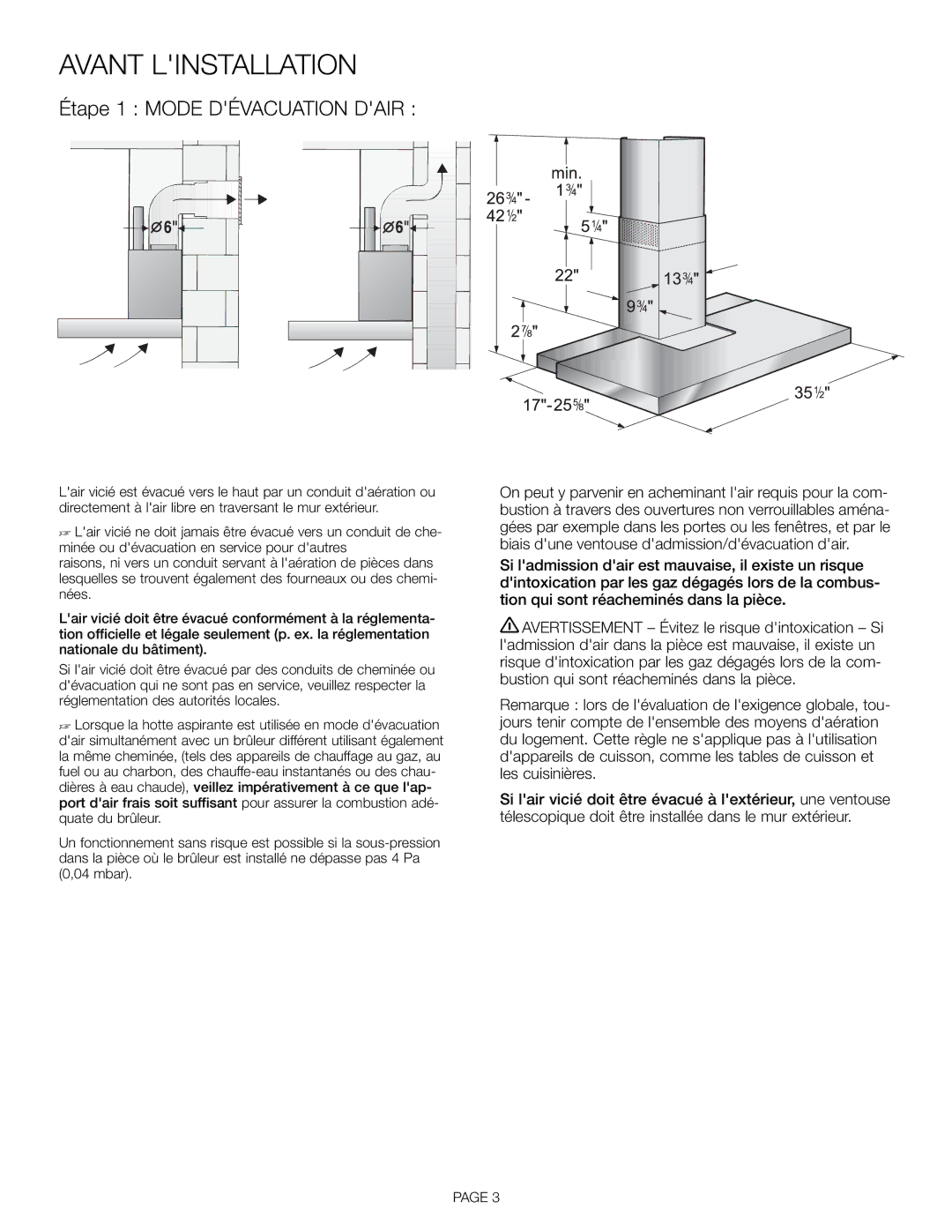 Thermador HDDW36FS installation manual Avant Linstallation, Étape 1 Mode Dévacuation Dair 