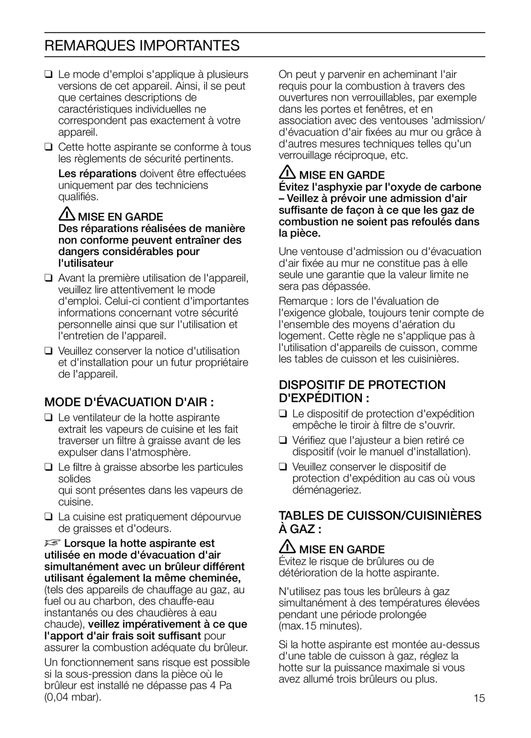 Thermador HGEW36FS manual Remarques Importantes, Mode Dévacuation Dair, Dispositif DE Protection Dexpédition 