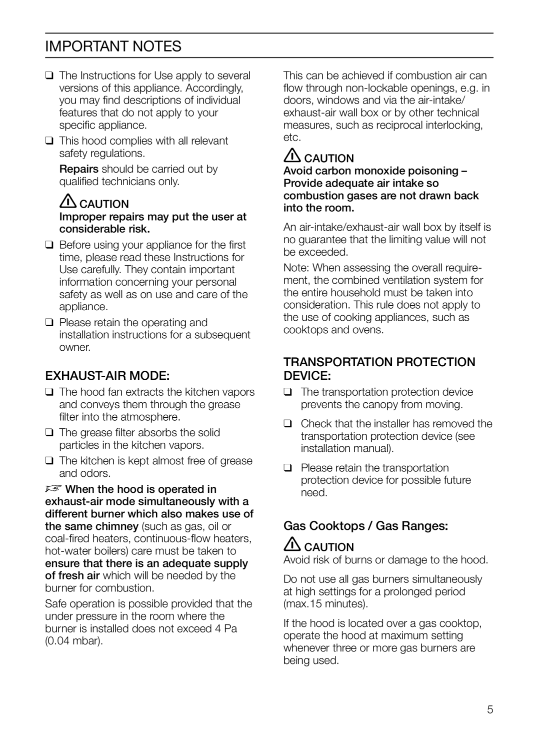 Thermador HGEW36FS manual Important Notes, EXHAUST-AIR Mode, Transportation Protection Device, Gas Cooktops / Gas Ranges 