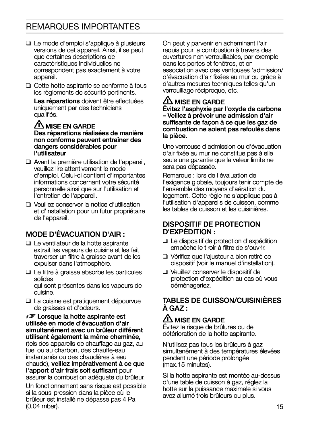 Thermador HGEW36FS manual Remarques Importantes, Mode Dévacuation Dair, Dispositif De Protection Dexpédition 