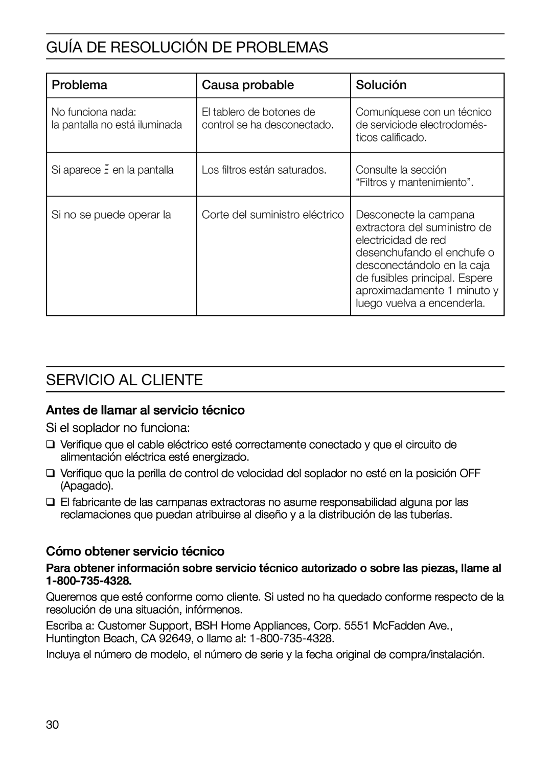 Thermador HGEW36FS manual Guía De Resolución De Problemas, Servicio Al Cliente, Causa probable, Solución 