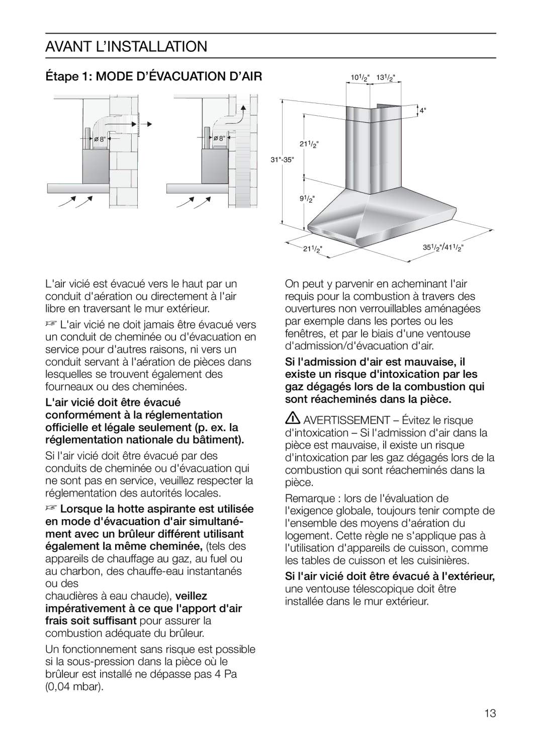 Thermador HMCN36FS, HMCN42FS installation manual Avant L’INSTALLATION, Étape 1 Mode D’ÉVACUATION D’AIR 