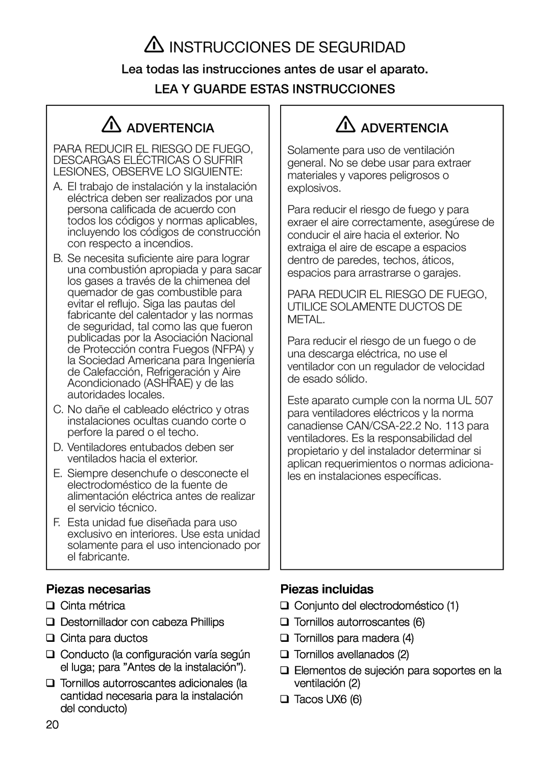 Thermador HMCN42FS, HMCN36FS Instrucciones De Seguridad, Lea Y Guarde Estas Instrucciones, Advertencia, Piezas necesarias 