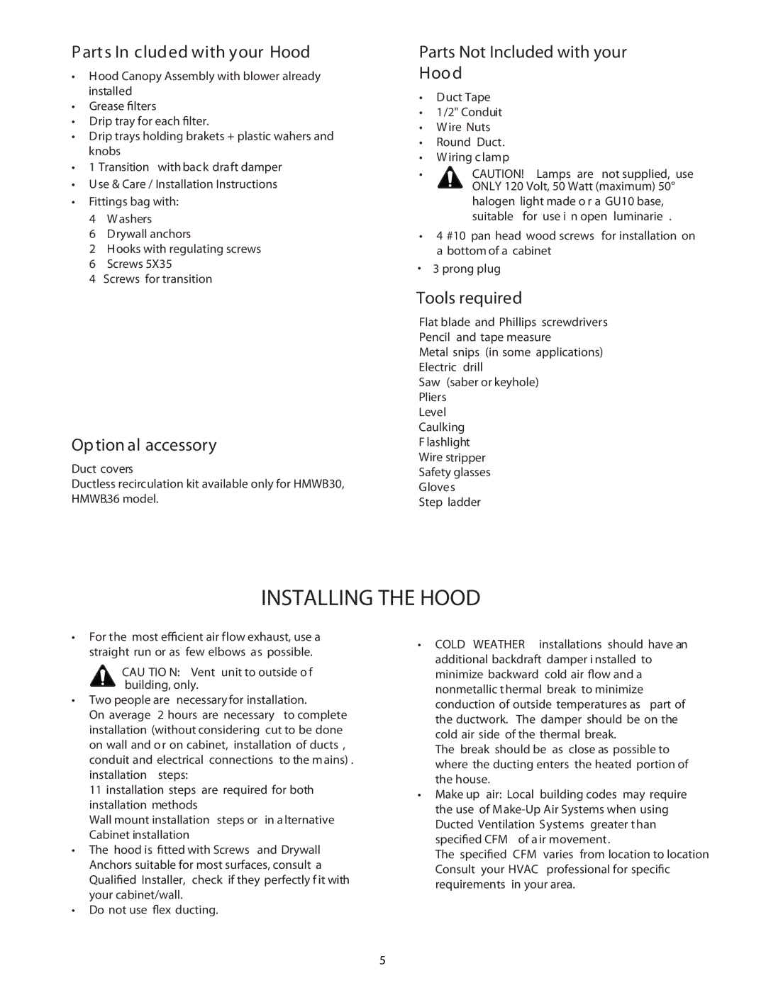 Thermador HMWB30, HMWB36 installation manual Installing the Hood 