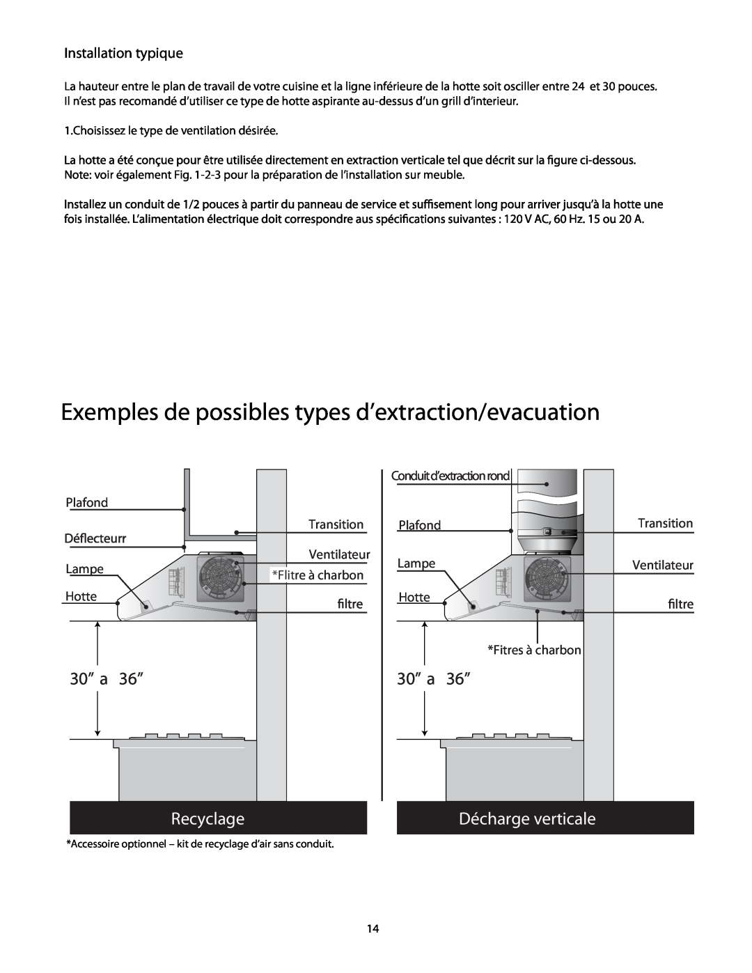 Thermador HMWB36 Exemples de possibles types d’extraction/evacuation, 30” a 36”, Recyclage, Décharge verticale, Plafond 