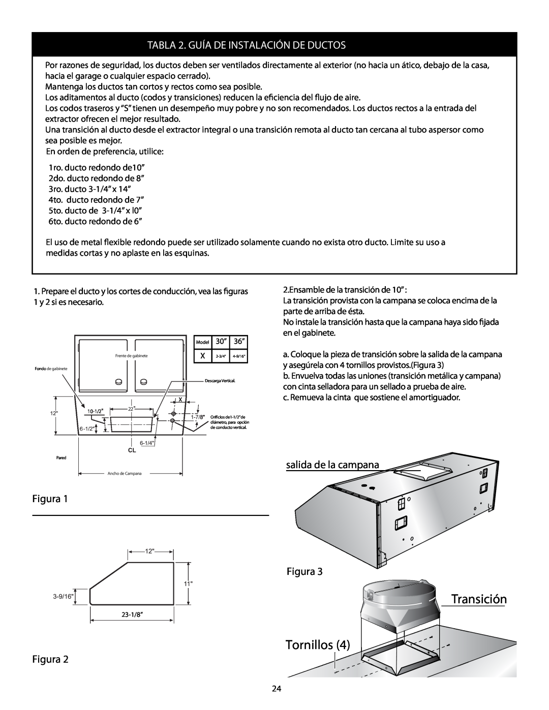 Thermador HMWB36, HMWB30 installation manual Transición Tornillos, TABLA 2. GUÍA DE INSTALACIÓN DE DUCTOS 