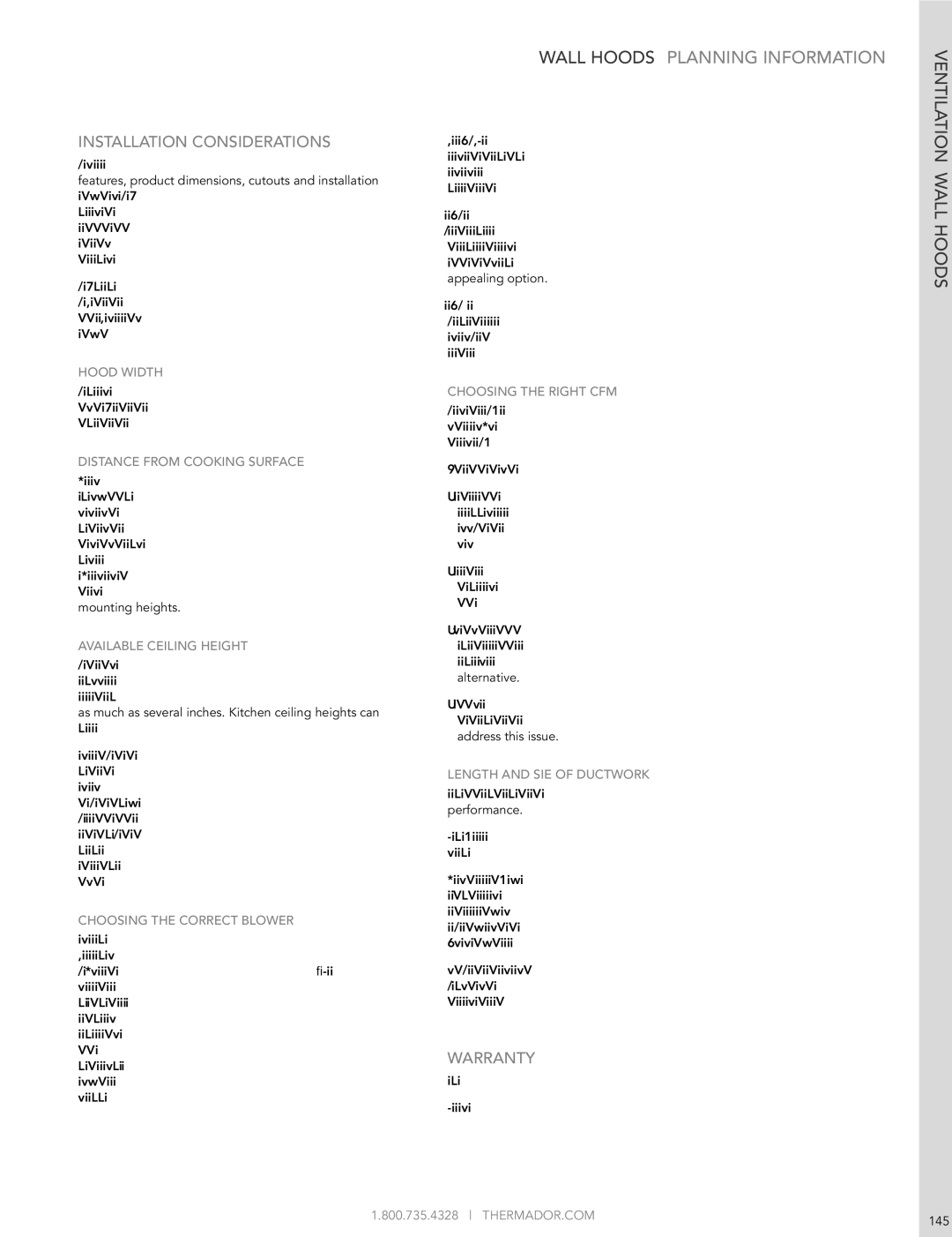 Thermador HMWB36FS manual Wall Hoods PLANNINg INFORmATION, Installation Considerations, Warranty, Hood Width 