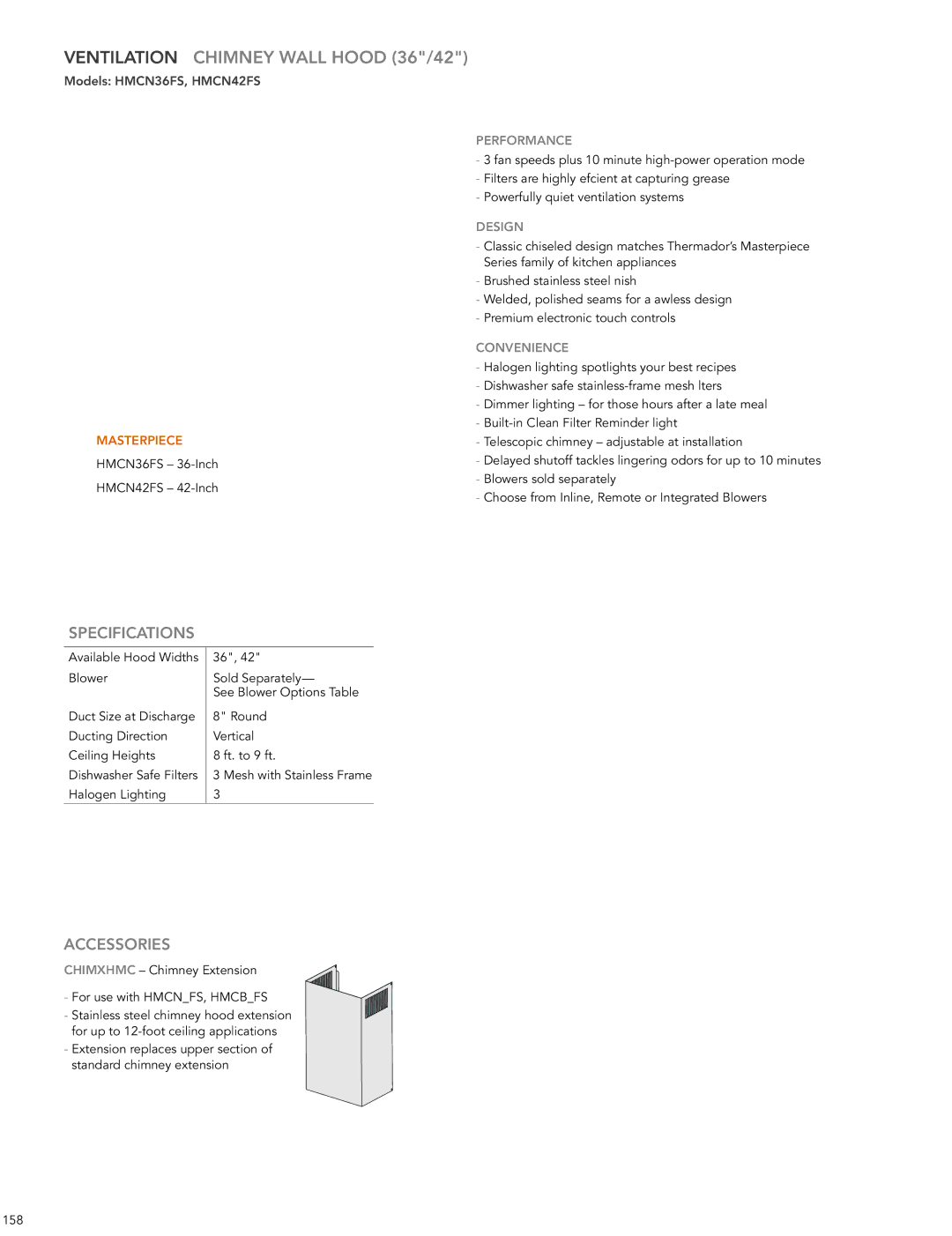 Thermador HMWB36FS manual Ventilation Chimney Wall Hood 36/42, Performance 