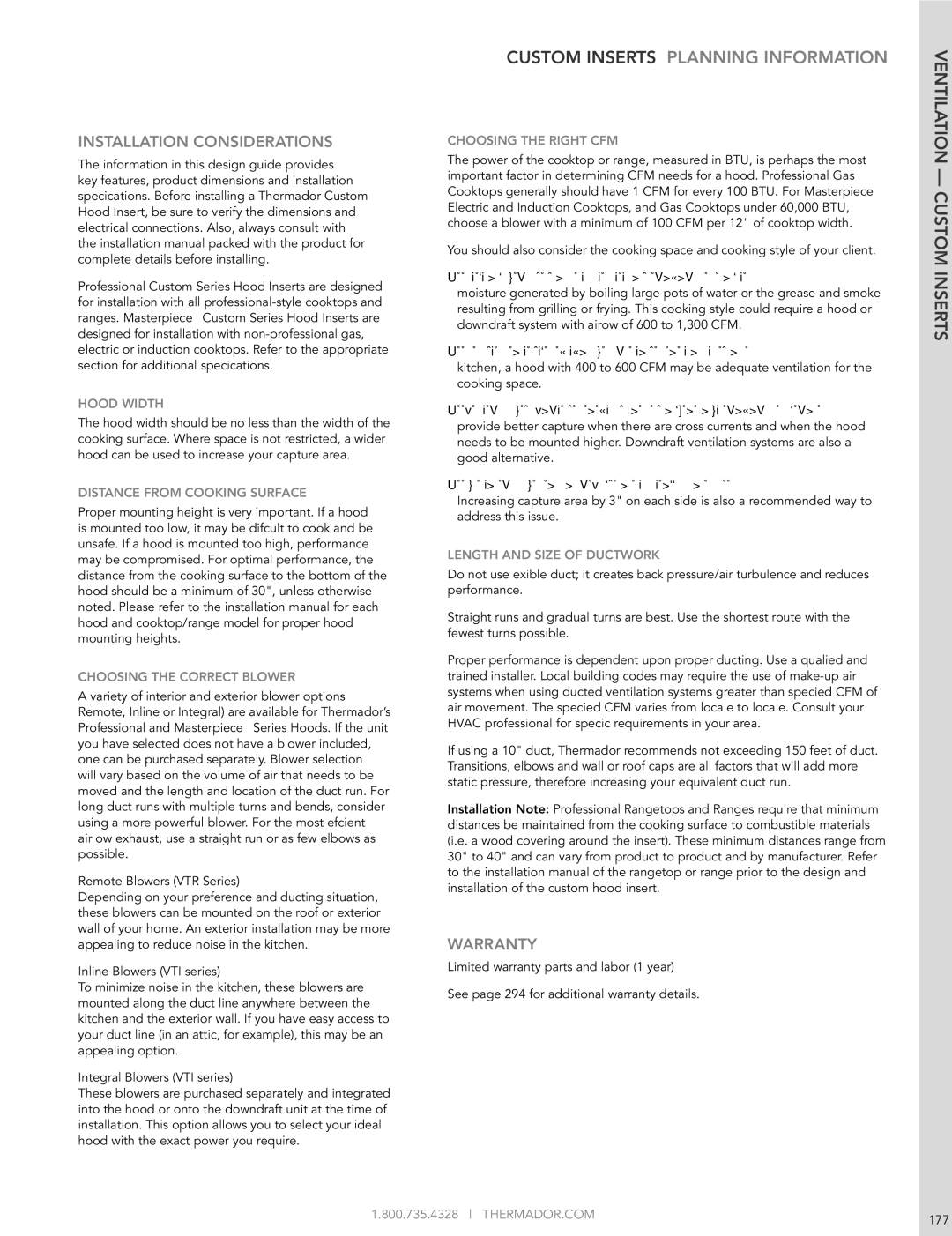 Thermador HMWB36FS manual Custom Inserts Planning Information, Distance from Cooking Surface, Choosing the Correct Blower 