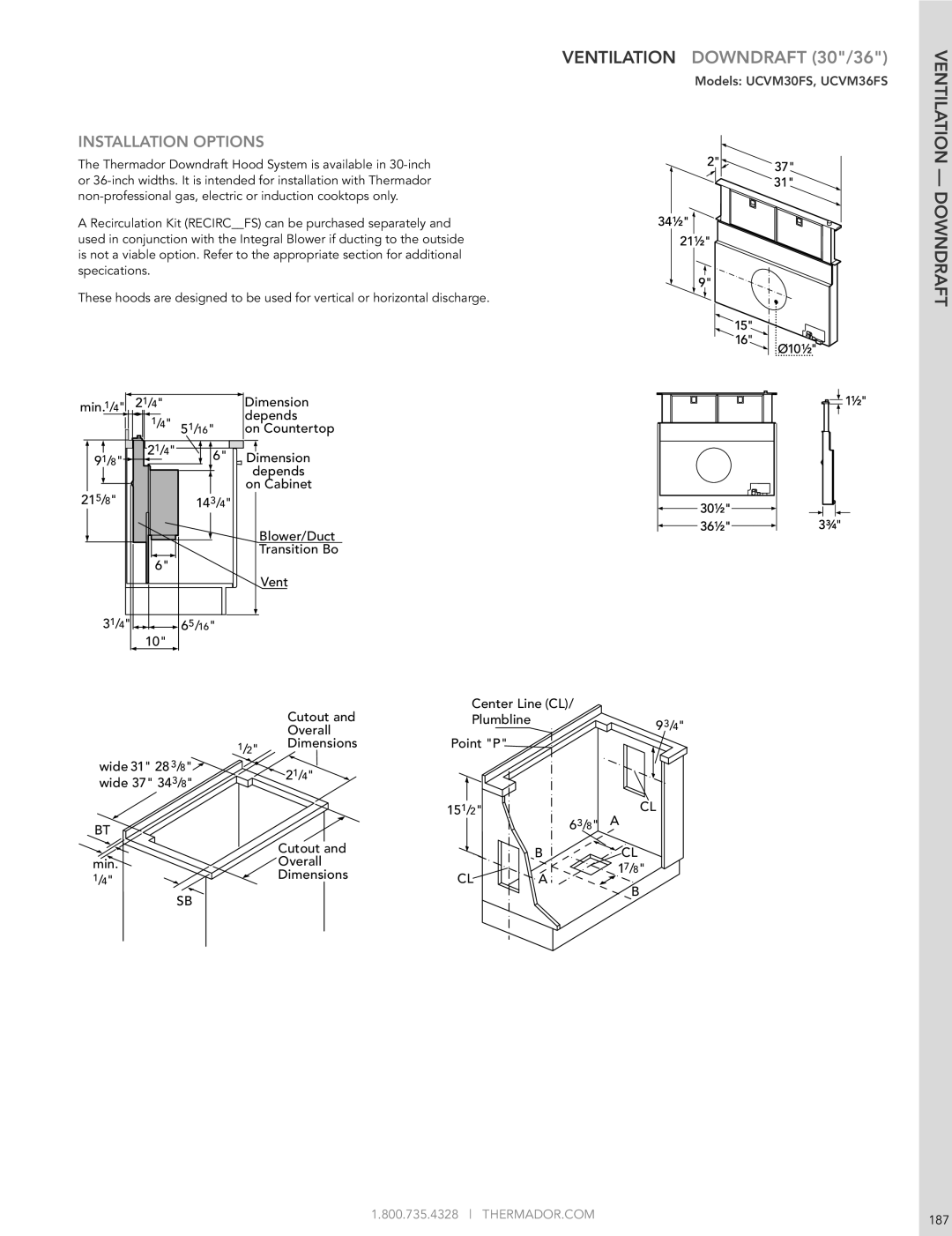 Thermador HMWB36FS manual Ventilation Downdraft 30/36, Installation Options 