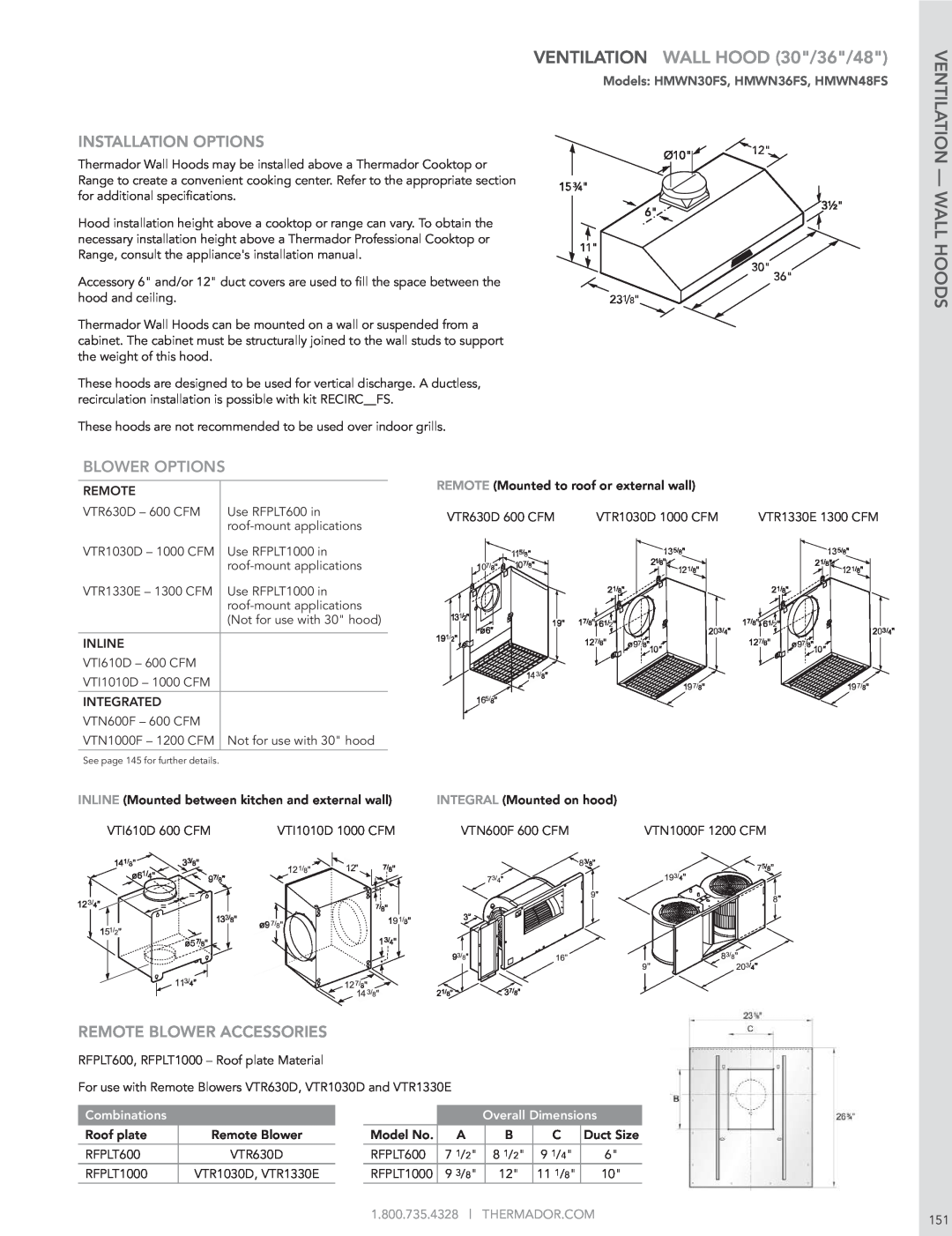 Thermador HMWB36FS manual VENTILATION WALL HOOD 30/36/48, Ventilation - Wall Hoods, Installation Options, Blower Options 