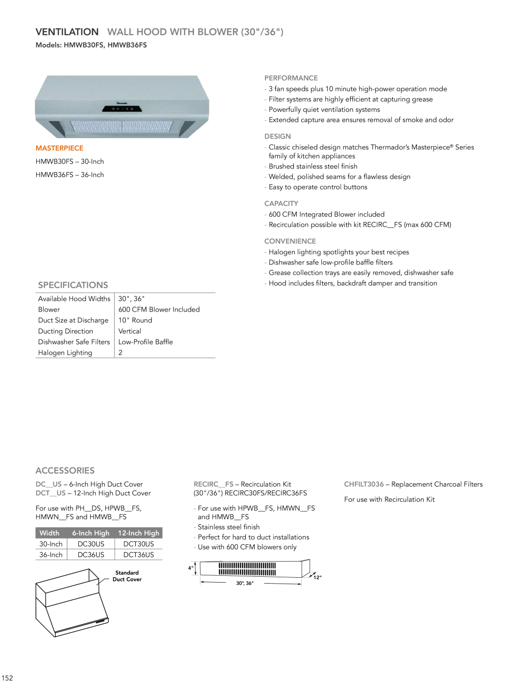 Thermador HMWB36FS VENTILATION WALL HOOD WITH BLOWER 30/36, models HmWB30FS, HmWB36FS, Specifications, Accessories, DESIgN 