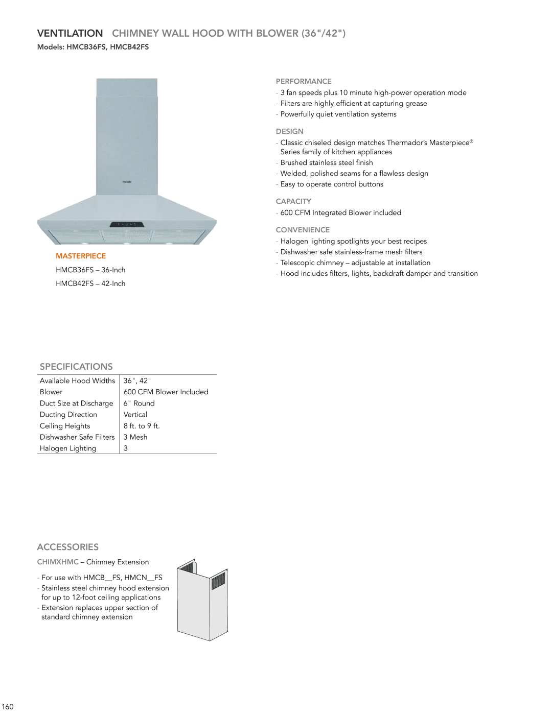 Thermador HMWB36FS VENTILATION CHIMNEY WALL HOOD WITH BLOWER 36/42, Models HMCB36FS, HMCB42FS, Specifications, Accessories 