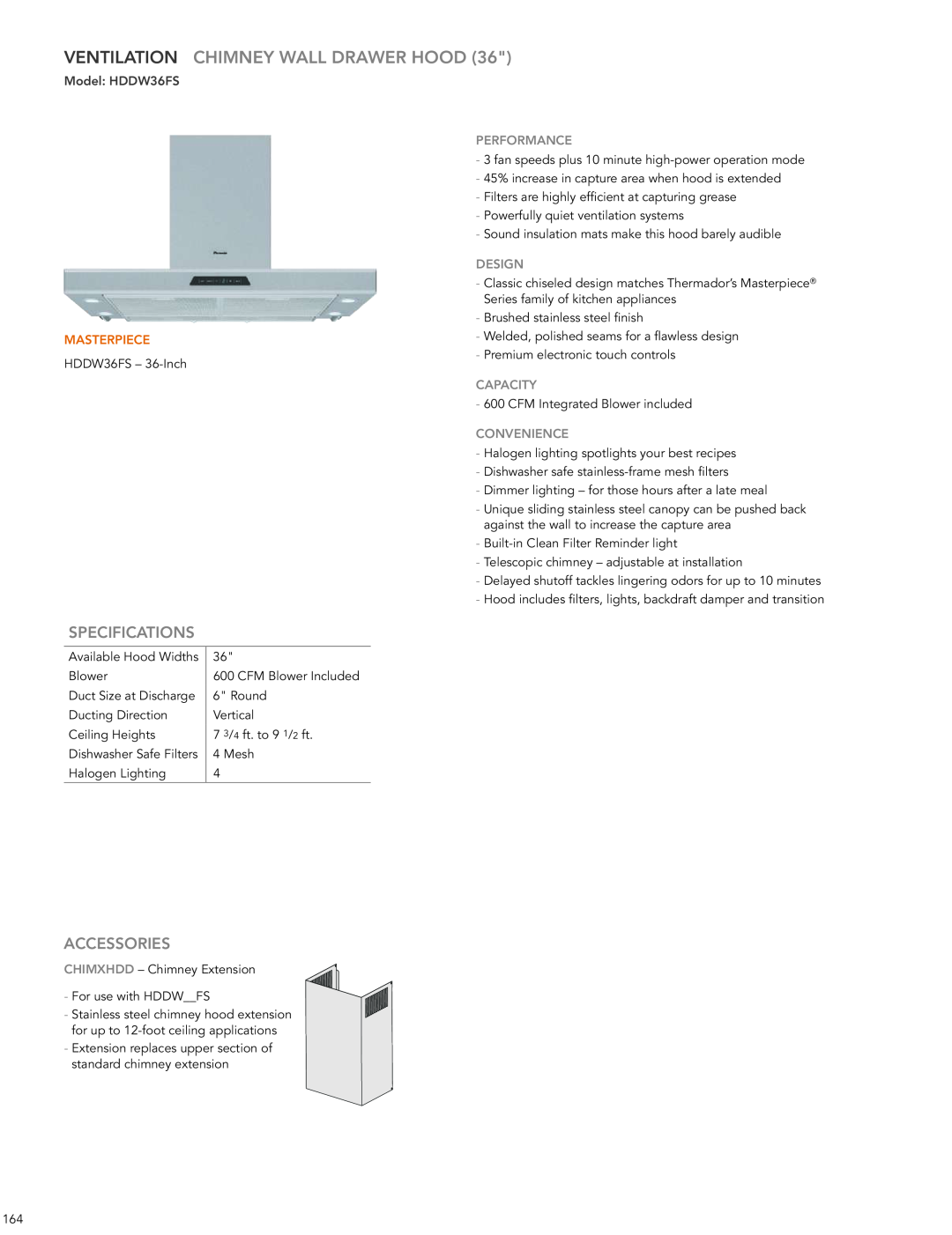 Thermador HMWB36FS Ventilation Chimney Wall Drawer Hood, Model HDDW36FS, Specifications, Accessories, Masterpiece, DESIgN 