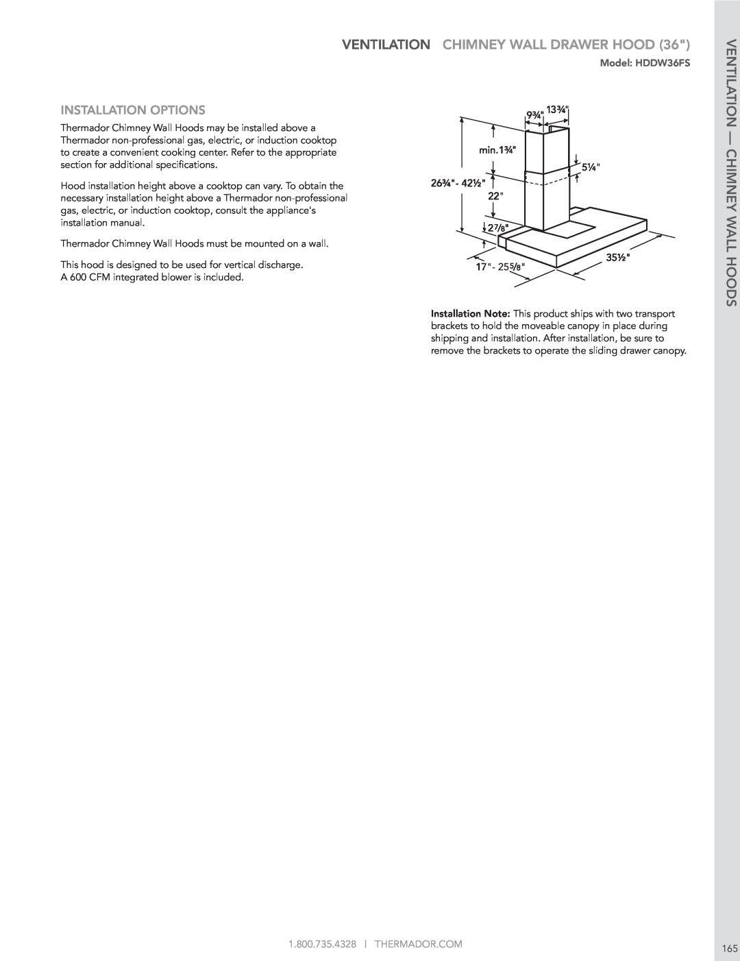 Thermador HMWB36FS manual Ventilation Chimney Wall Drawer Hood, Ventilation - Chimney Wall Hoods, Installation Options 