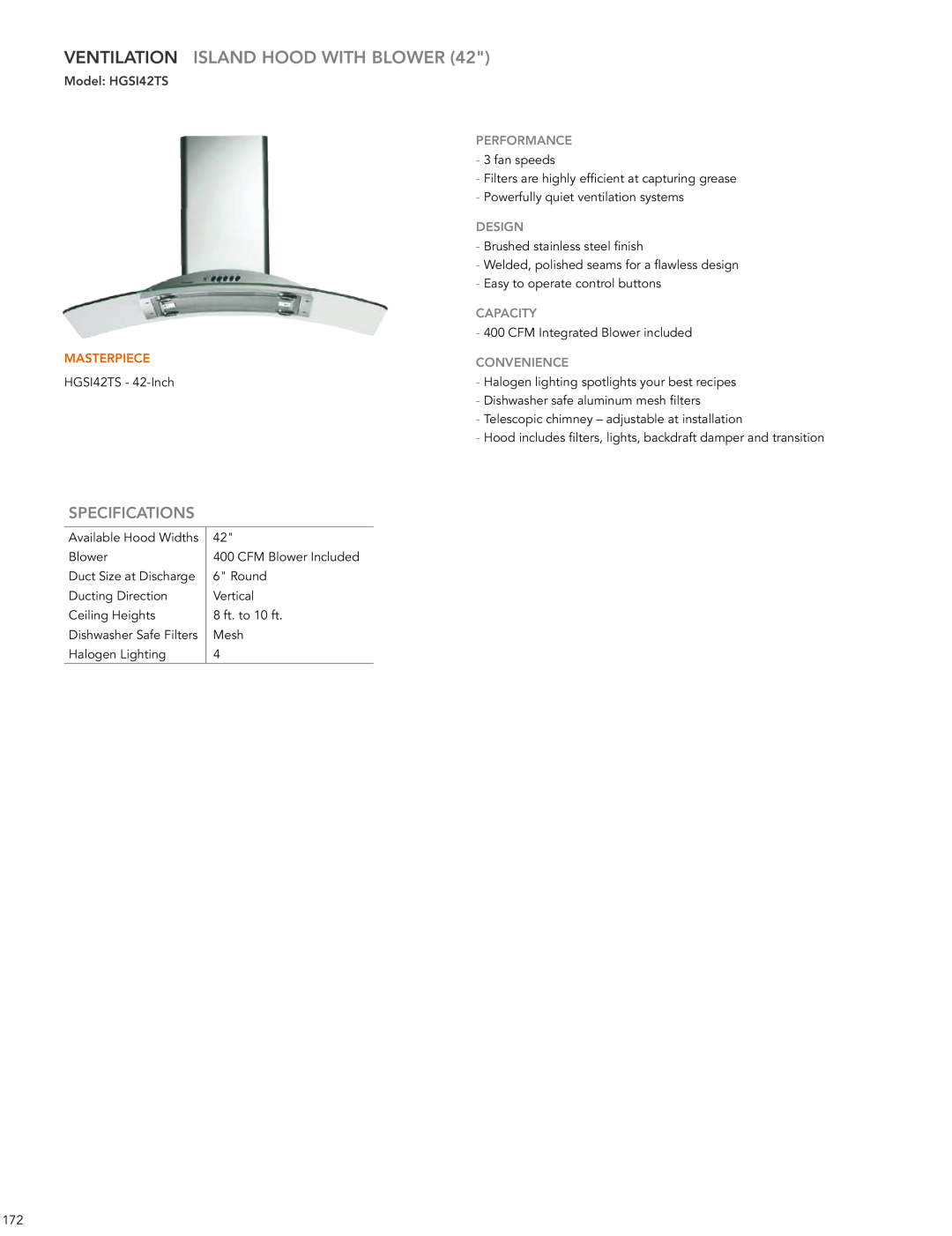 Thermador HMWB36FS Ventilation Island Hood With Blower, Model HgSI42TS, fan speeds, Powerfully quiet ventilation systems 